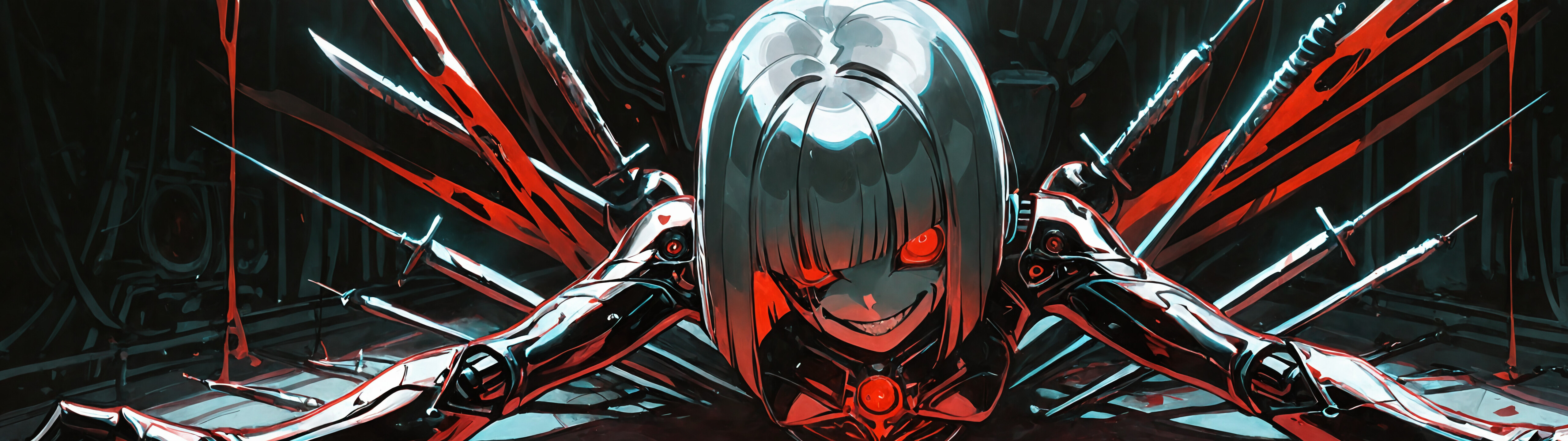 A female android with short grey hair, glowing red eyes, and a wide evil grin, standing in a dark, red-lit room filled with swords and torture instruments.