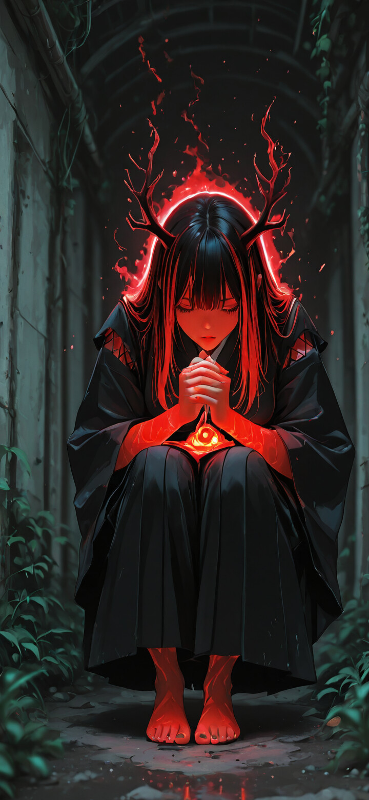 A female warrior with antlers, red-streaked black hair, and samurai armor crouches in a dark alley. A glowing red slime creature with cute eyes sits next to her on the ground, casting a warm light.