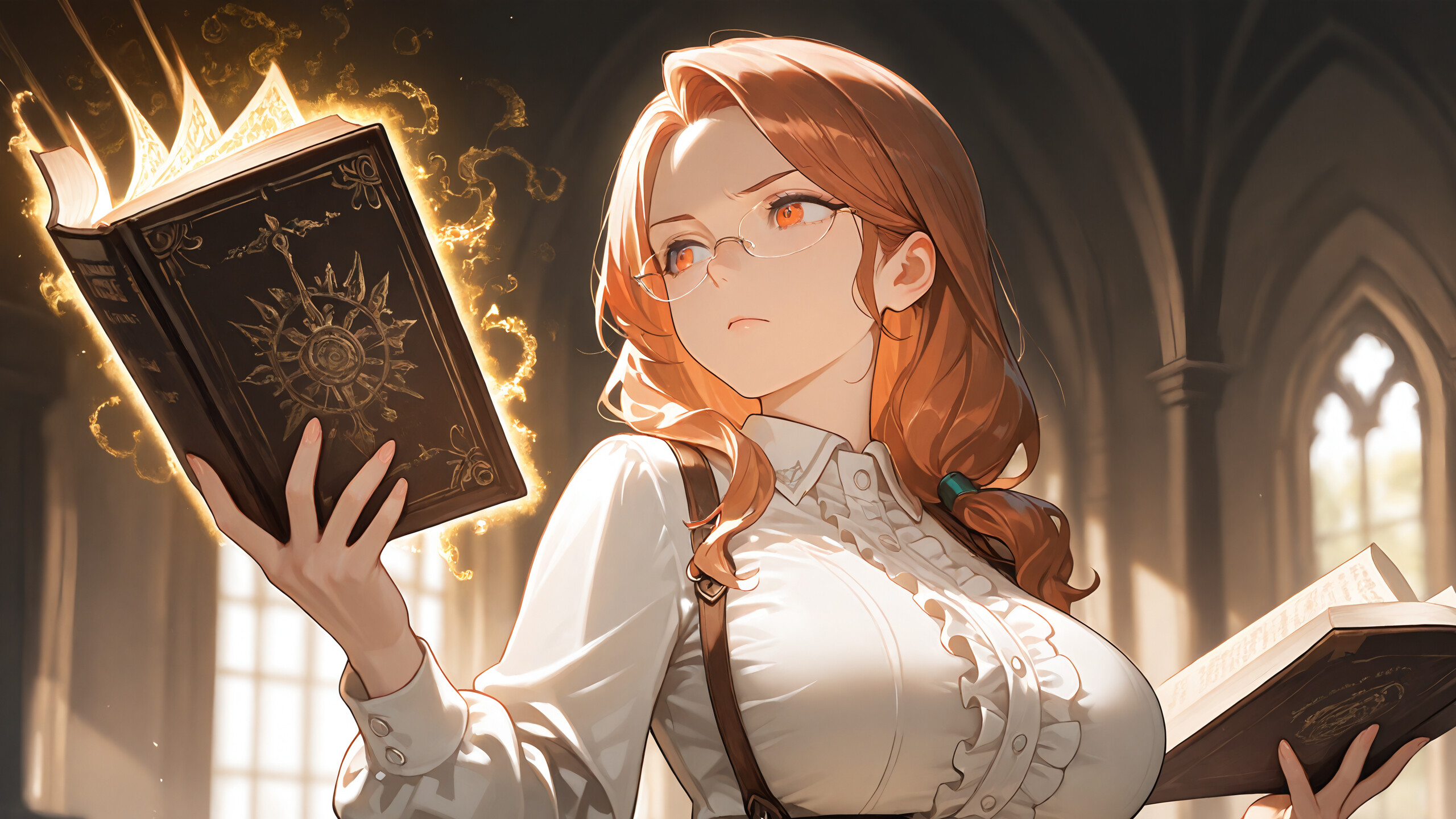An anime-style illustration of a young woman with brown hair and glasses, wearing a white shirt and suspenders, reading a magical book that is glowing with golden light in a grand, sunlit hall.