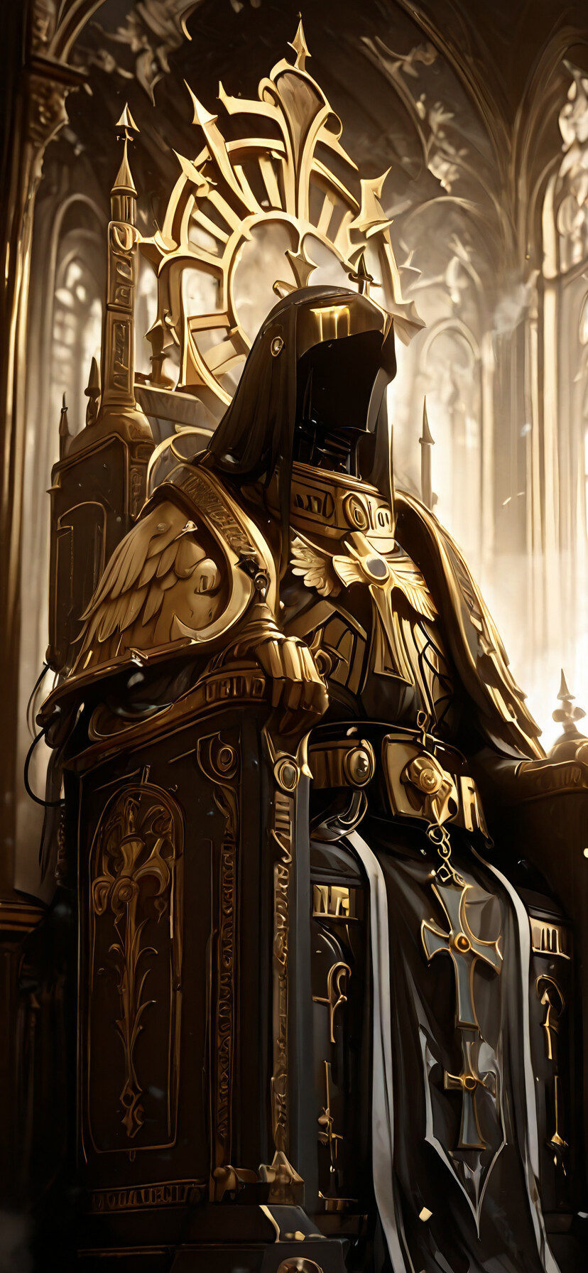 A heavily armored figure in ornate black and gold power armor with large wings sits on an elaborate gothic throne inside a dark cathedral, an artistic interpretation of the Emperor of Mankind from Warhammer 40k.