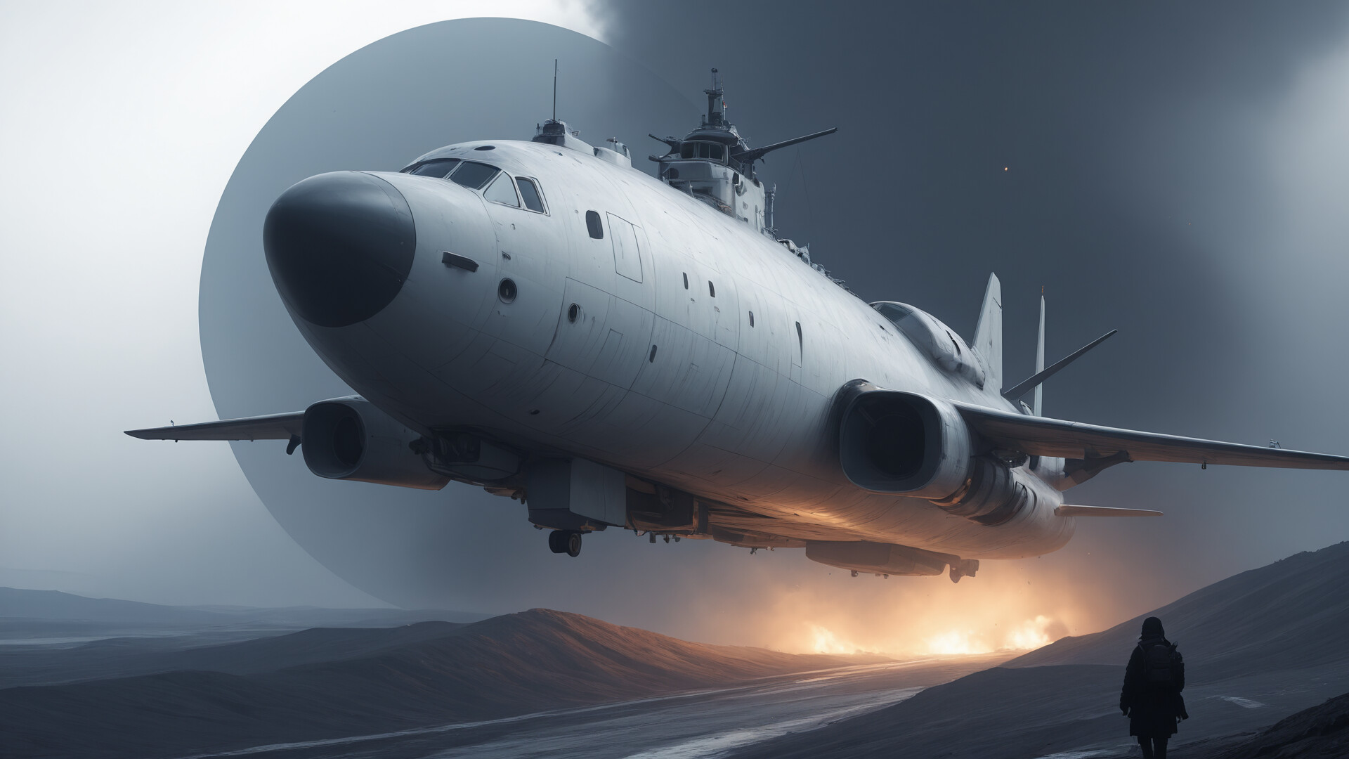 A massive, dark, top-shaped structure hovers over a river in a mountain valley, emitting a large plume of black smoke into the cloudy, moonlit sky. A small human figure stands on the riverbank below.