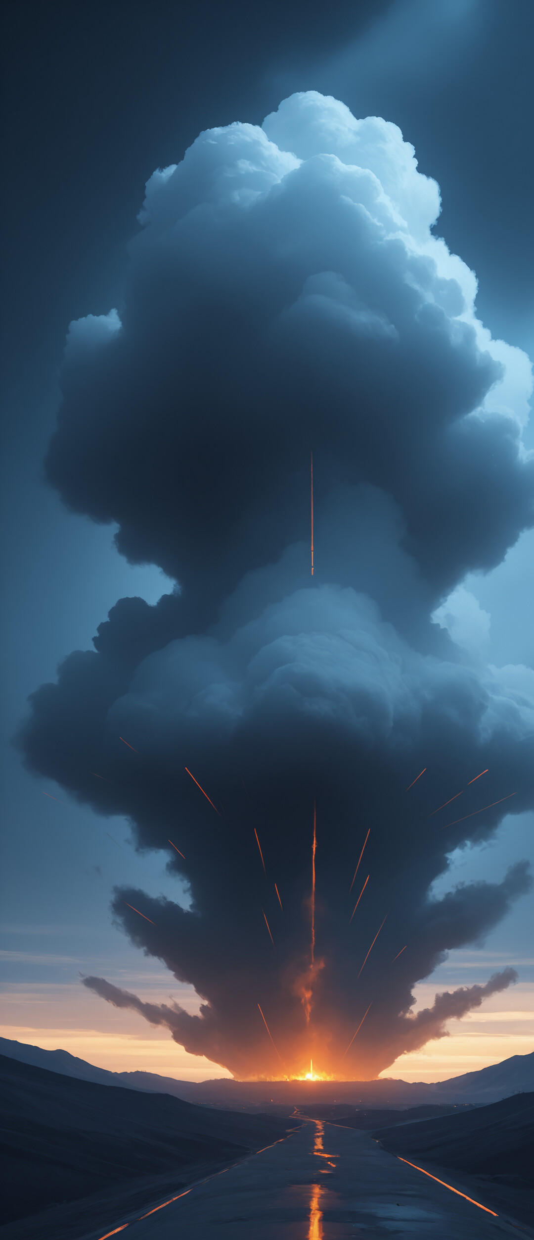 A massive, dark, top-shaped structure hovers over a river in a mountain valley, emitting a large plume of black smoke into the cloudy, moonlit sky. A small human figure stands on the riverbank below.