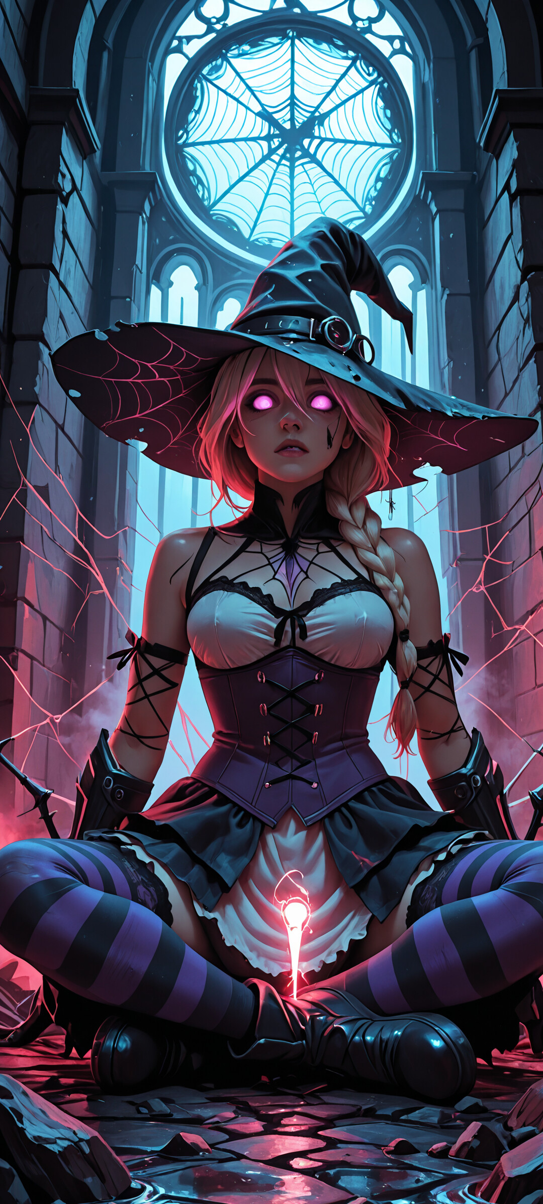 A skeletal witch with glowing red eyes and blonde braided hair sits cross-legged on a dark cobblestone street littered with skulls, surrounded by red magical energy in a gothic alley.