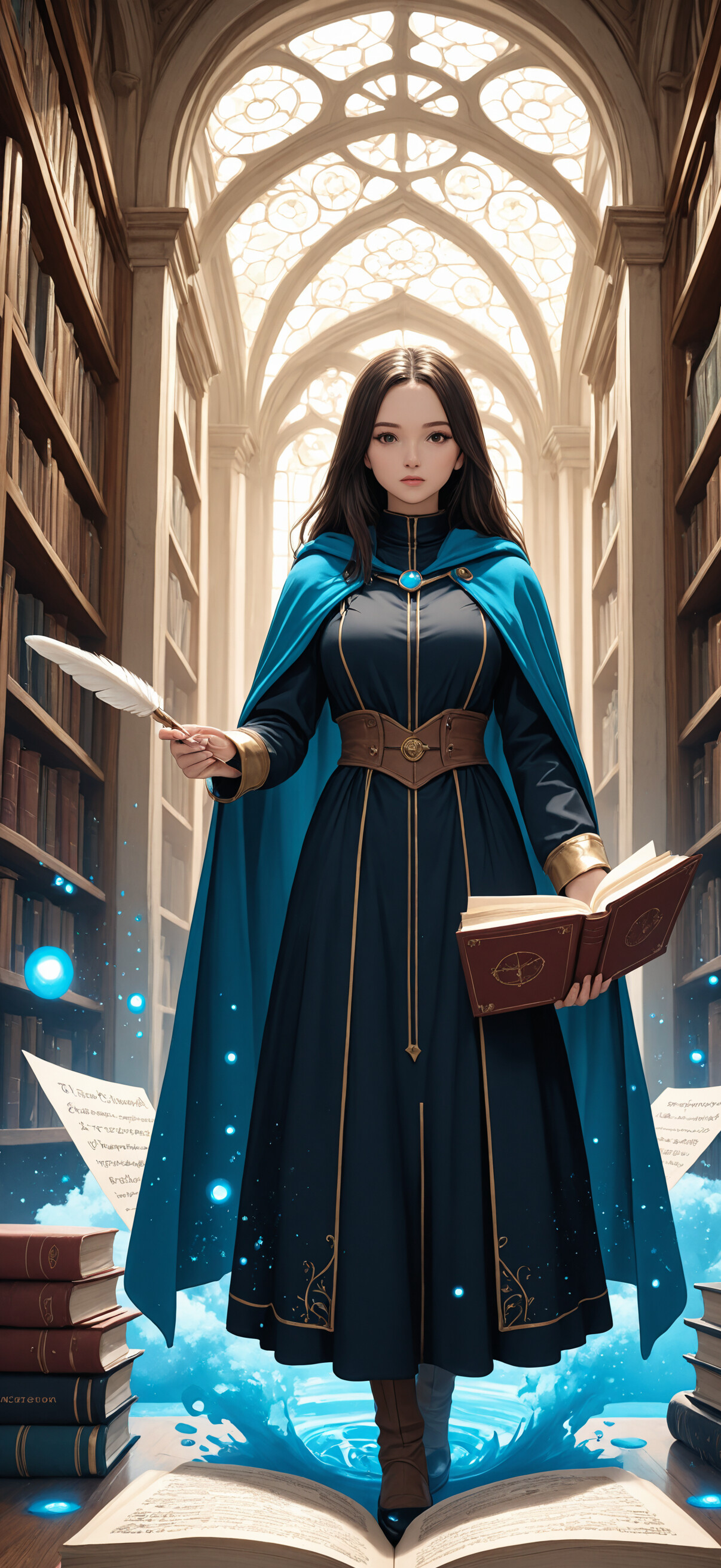 An anime-style illustration of a young sorceress with long brown hair, standing in a grand library. She holds a glowing quill pen that emits a colorful bolt of magical energy over a large, open book on a desk.
