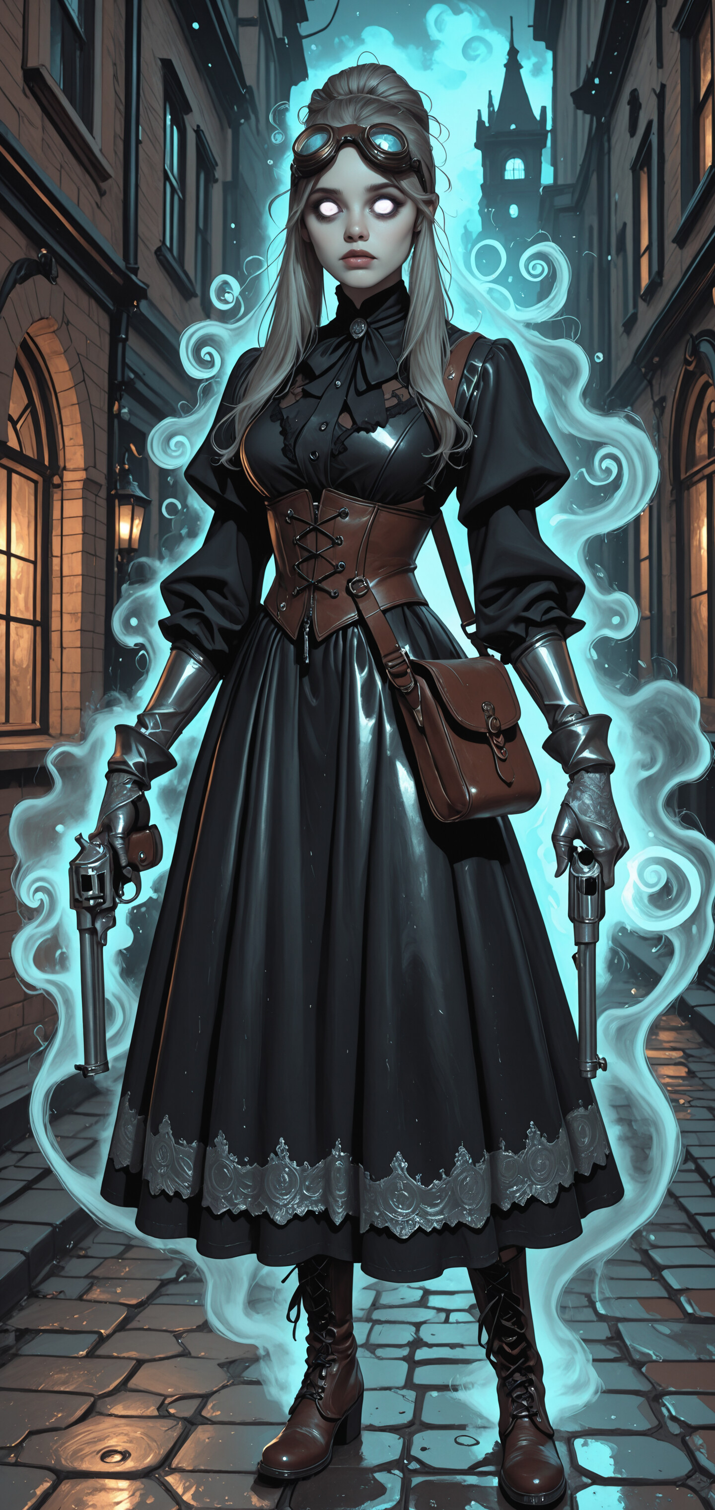 A full-body illustration of a woman in steampunk Victorian attire standing in a cobblestone alley. She wears a black dress, brown corset, and goggles, and holds a glowing revolver as ethereal white smoke swirls around her.