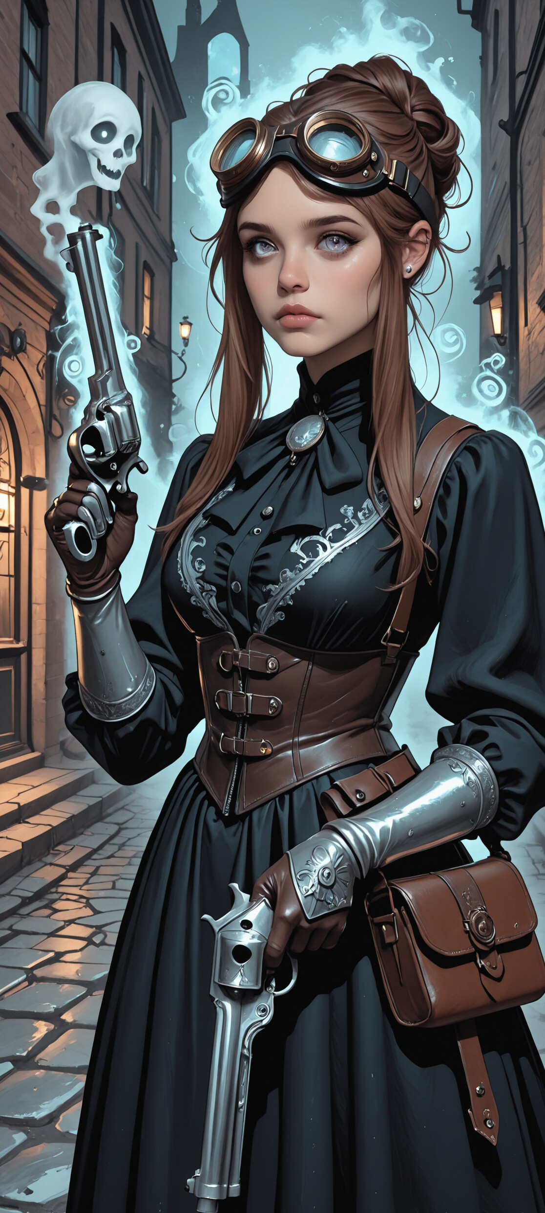 A digital illustration of a female steampunk ghost hunter in a Victorian alley. She has violet eyes, wears goggles, a corset, and holds a revolver, surrounded by floating, cartoonish ghosts and a blue ethereal glow.