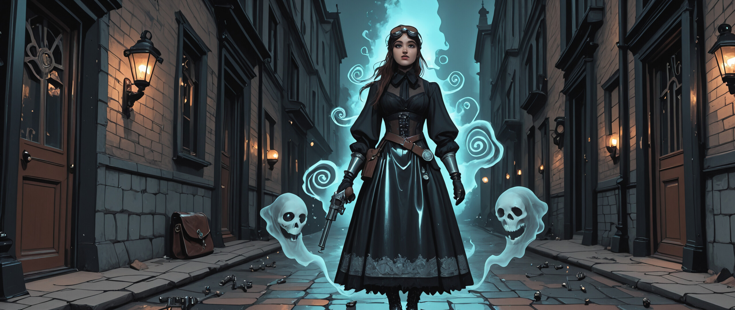 A full-length illustration of a female steampunk ghost hunter in a Victorian-era cobblestone alley. She has silver hair and wears a black dress, corset, and goggles, while holding a glowing revolver as cartoonish ghosts swirl at her feet.