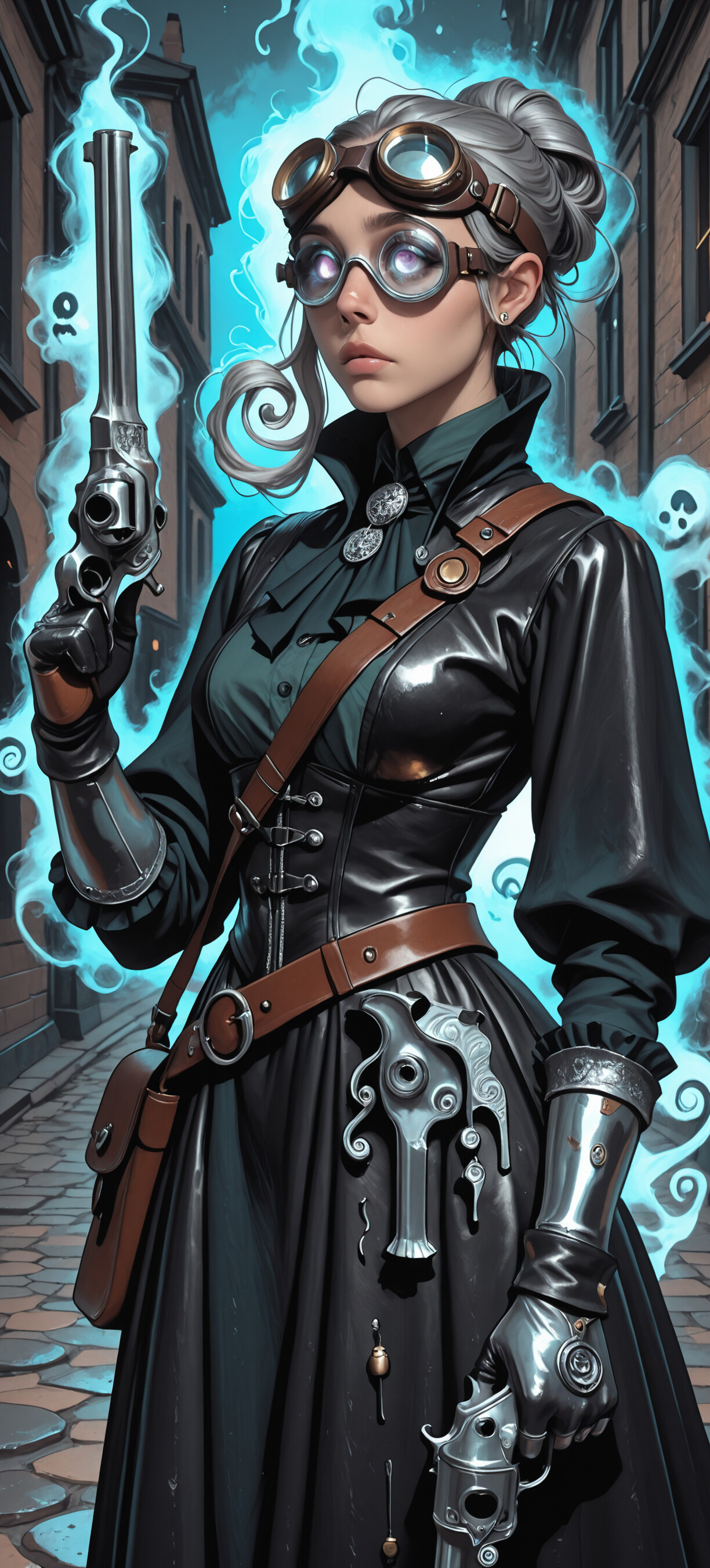 A digital illustration of a young woman with silver hair dressed as a steampunk ghost hunter, standing in a dark Victorian alley, holding two revolvers while a glowing blue cartoon ghost floats beside her.