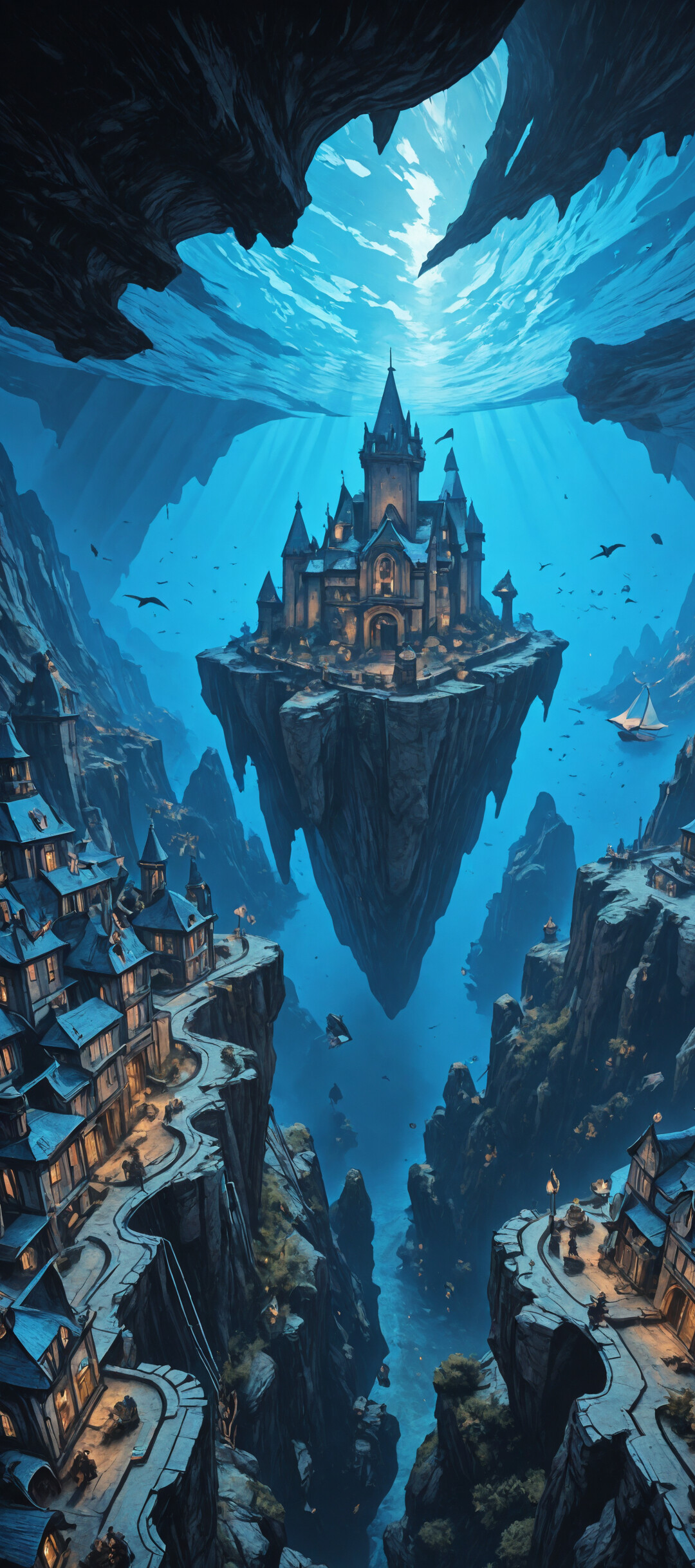 A majestic fantasy castle built on a mountain inside a massive underwater cavern, with light filtering down from the sea surface above, illuminating a nearby town and surrounding cliffs.