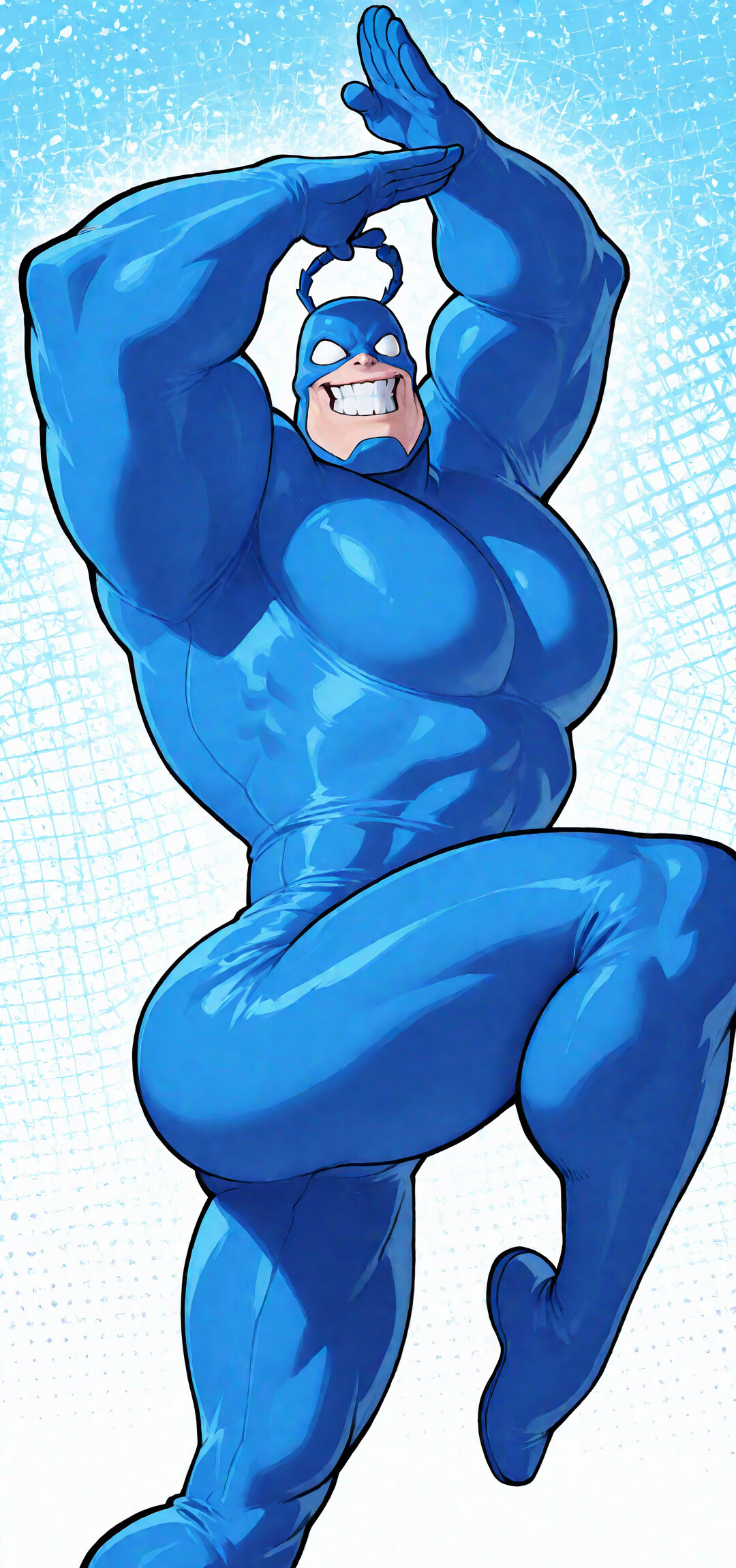 A full-body illustration of the superhero The Tick. He is a very muscular man in a tight-fitting blue suit with antennae on his head. He is grinning widely and posing in a dynamic fighting stance against a purple and white background.