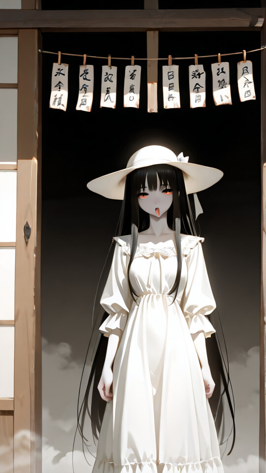 Two identical anime-style women with long black hair, pale skin, and glowing red eyes. They wear matching white dresses and sunhats, standing in front of a building with laundry hanging in the background.