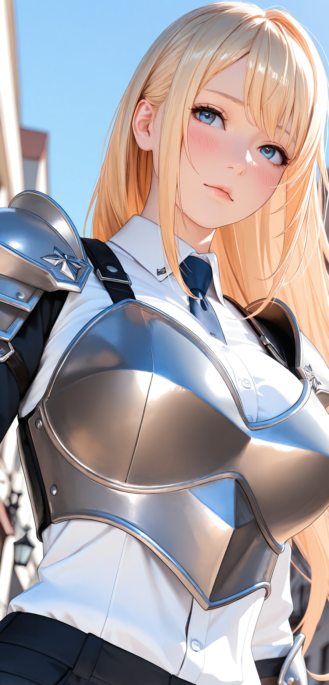 An anime-style woman with long blonde hair and blue eyes wearing a metal breastplate and shoulder armor over a black business suit, looking up towards the blue sky in a city setting.