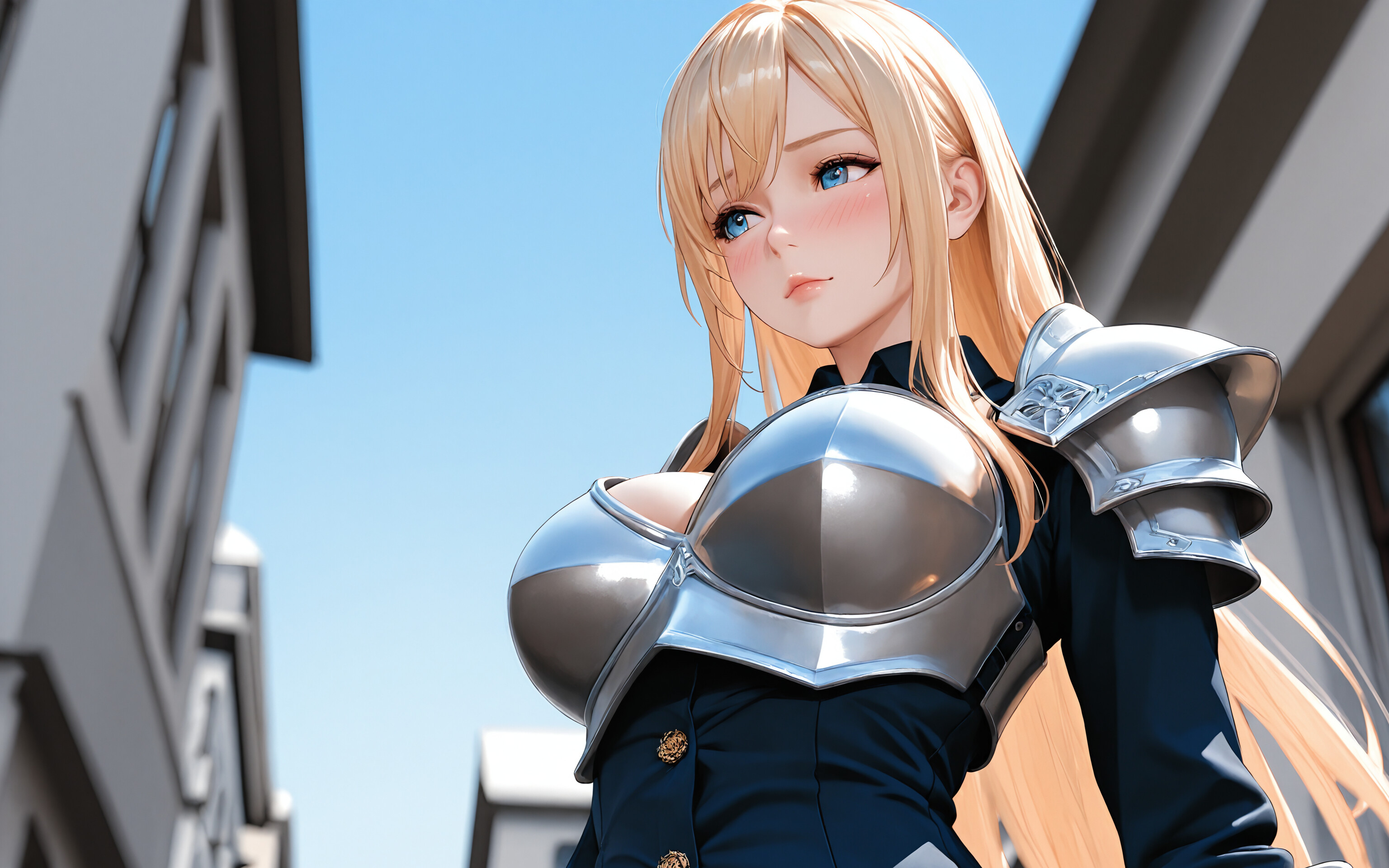 An anime-style woman with long blonde hair and blue eyes wearing a metal breastplate and shoulder armor over a black business suit, looking up towards the blue sky in a city setting.
