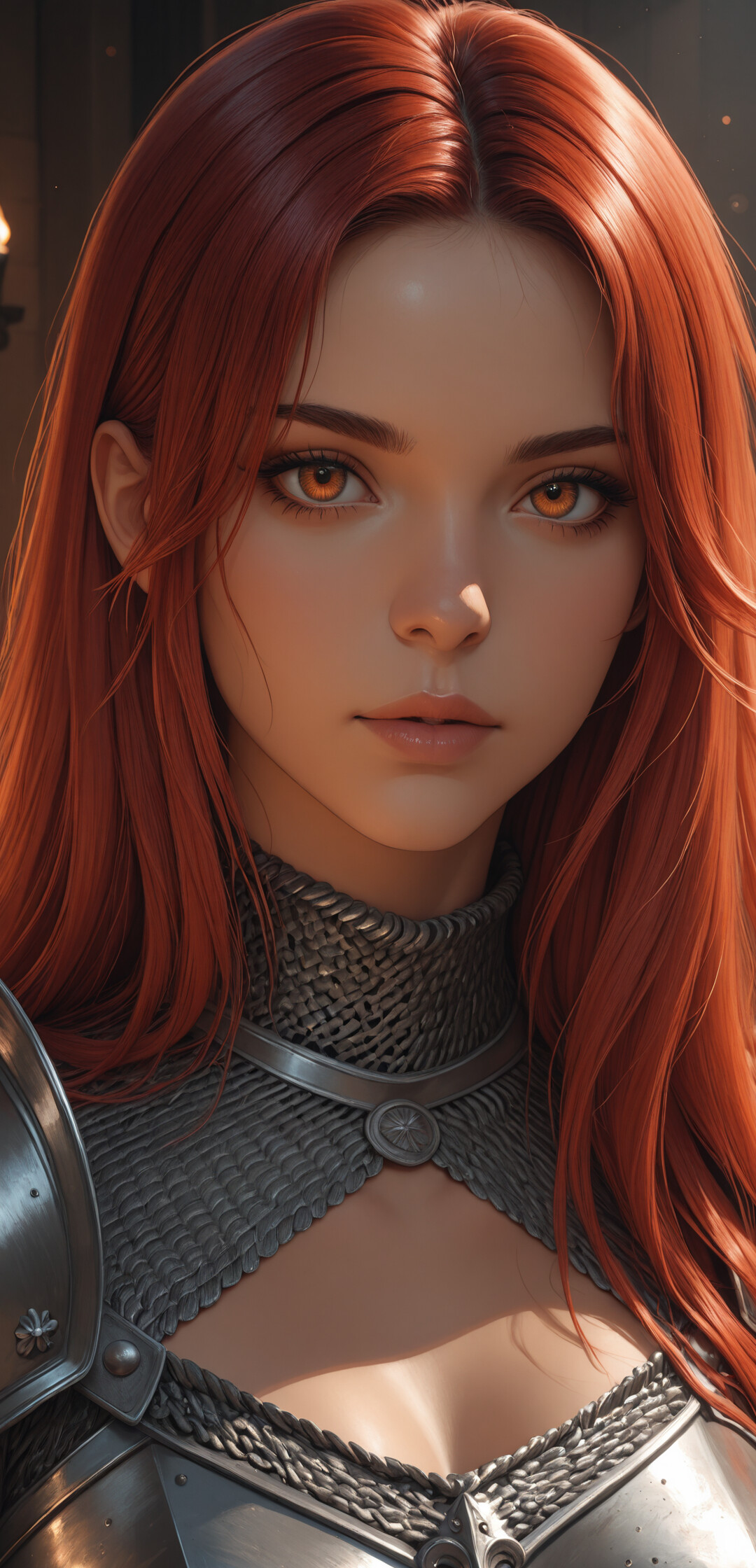 A portrait of a beautiful young female knight with long, flowing red hair, striking amber eyes, and wearing detailed silver chainmail and plate armor.