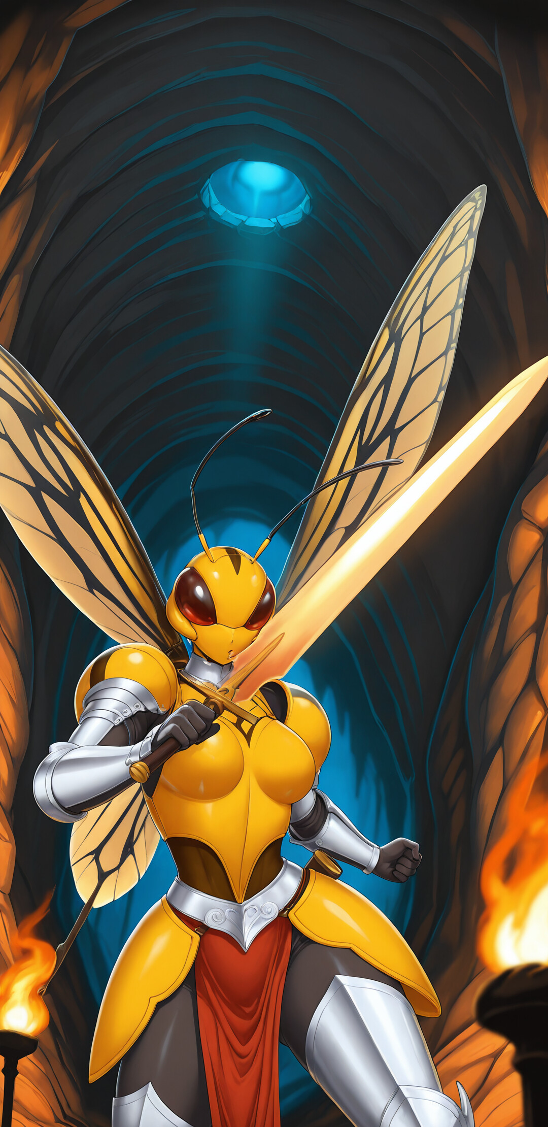 An anime-style female knight with pink hair, bee wings, and antennae, wearing yellow and black striped armor. She stands in a dark cave holding a flaming torch, looking upwards with a concerned expression.