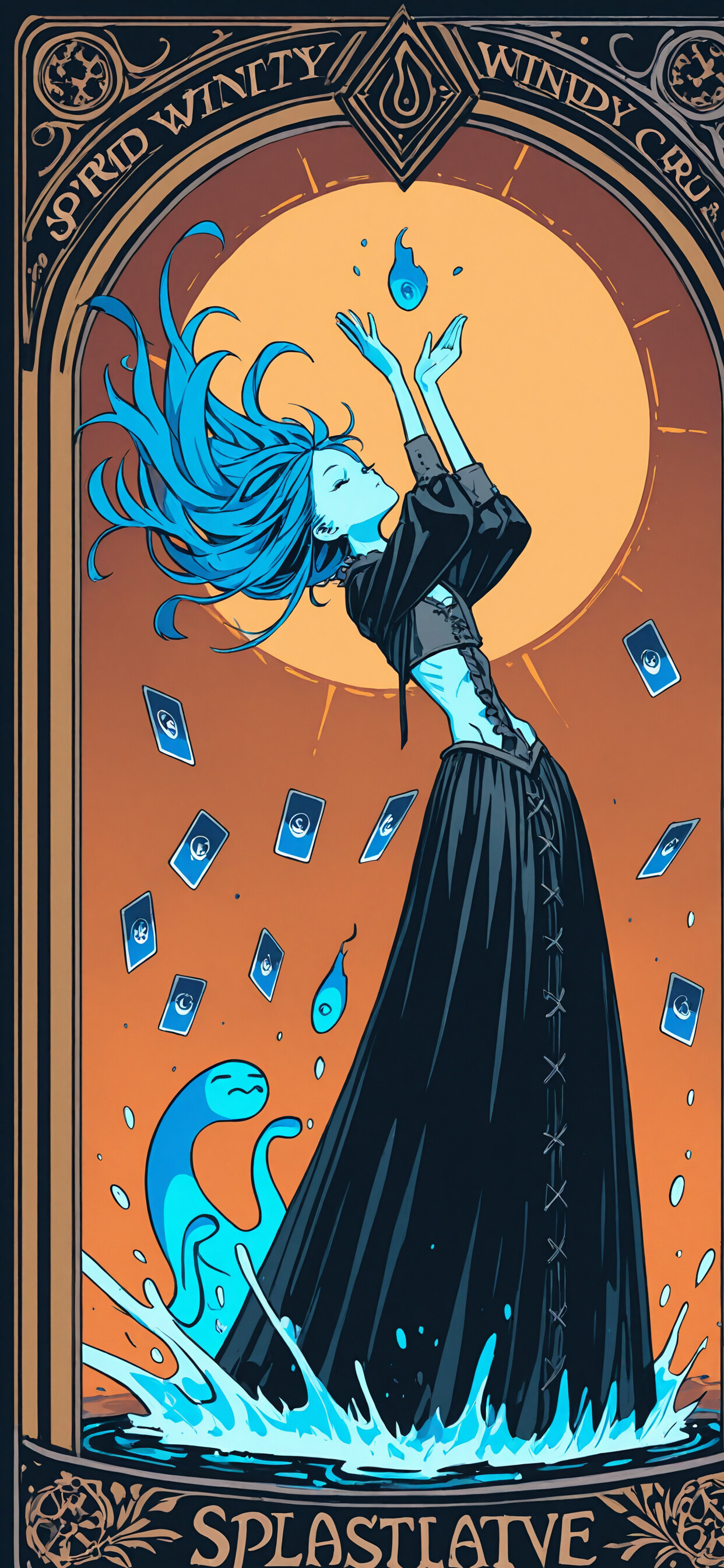 A young woman in a medieval-style dress holds up a card, surrounded by a swirling water spirit, all framed in an ornate, decorative border reminiscent of a tarot card.