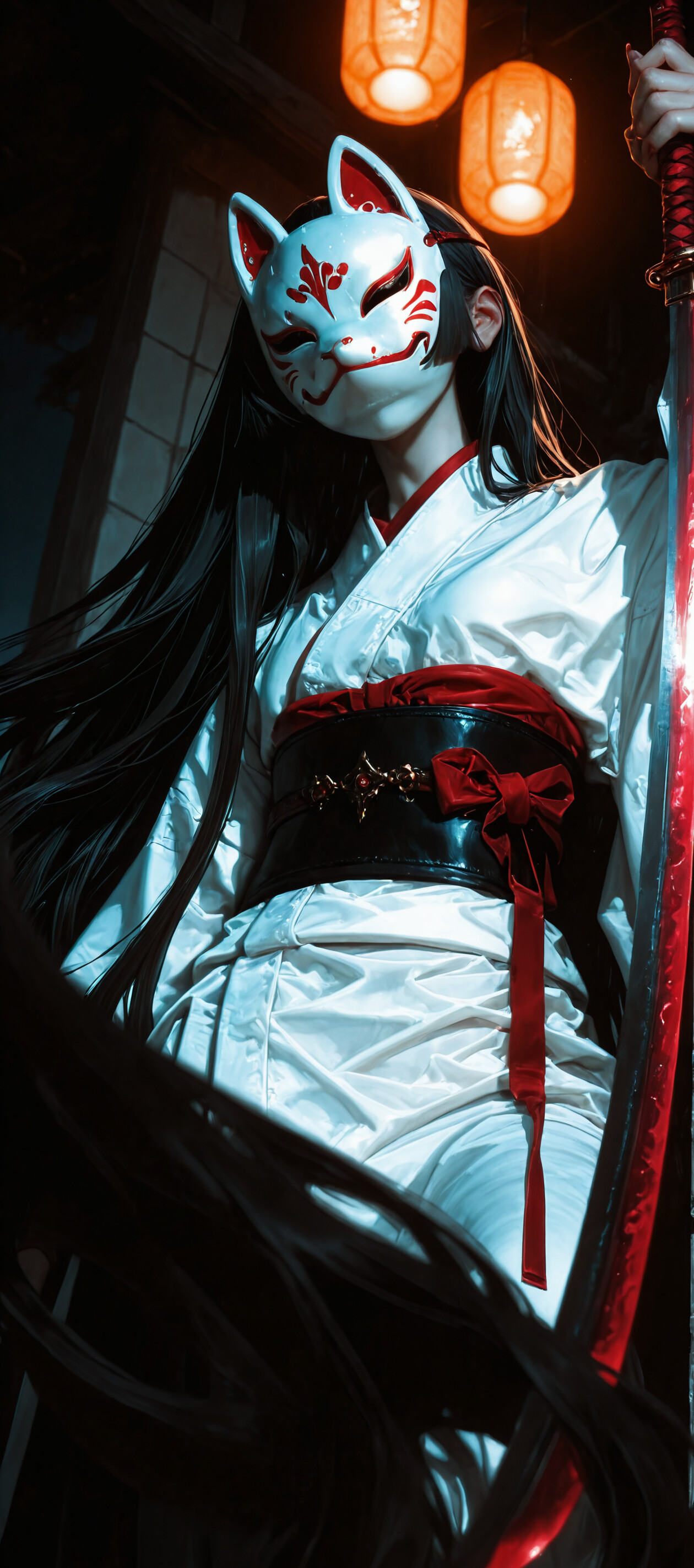 A woman with long black hair wearing a white kimono and a traditional Japanese white fox mask holds a short sword. A red paper lantern hangs glowing in the dark, moody background.