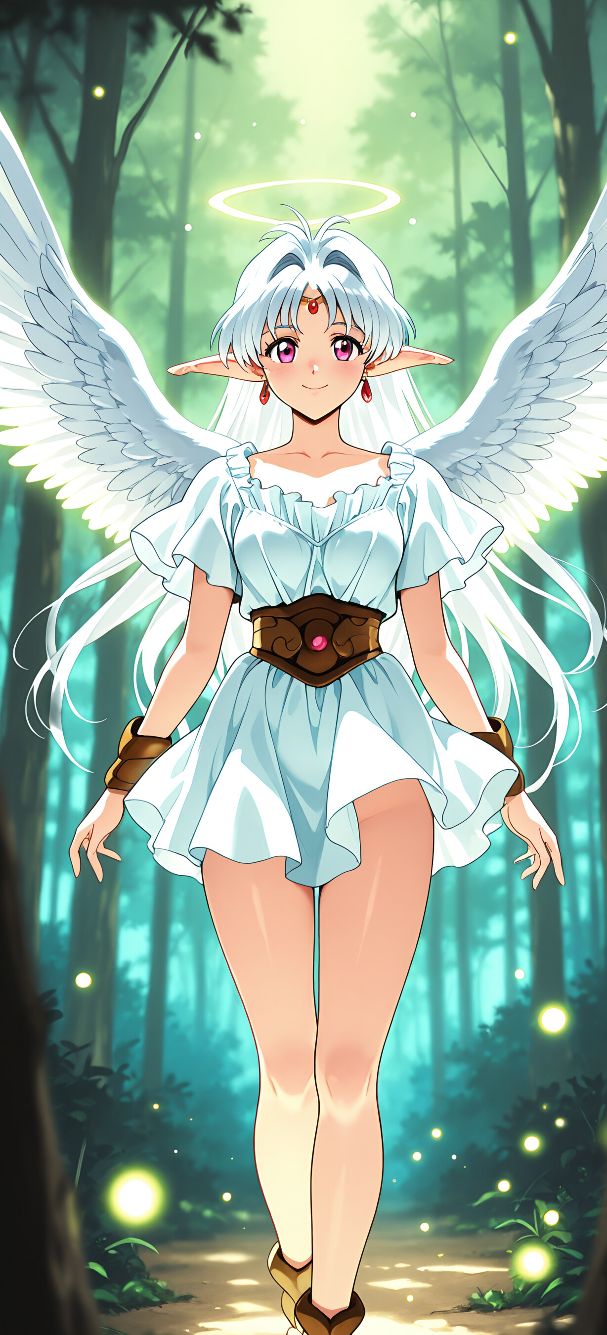 An anime-style illustration of Hitomi Kanzaki from The Vision of Escaflowne, depicted as an angel with large white wings and a halo, smiling gently in a magical forest.
