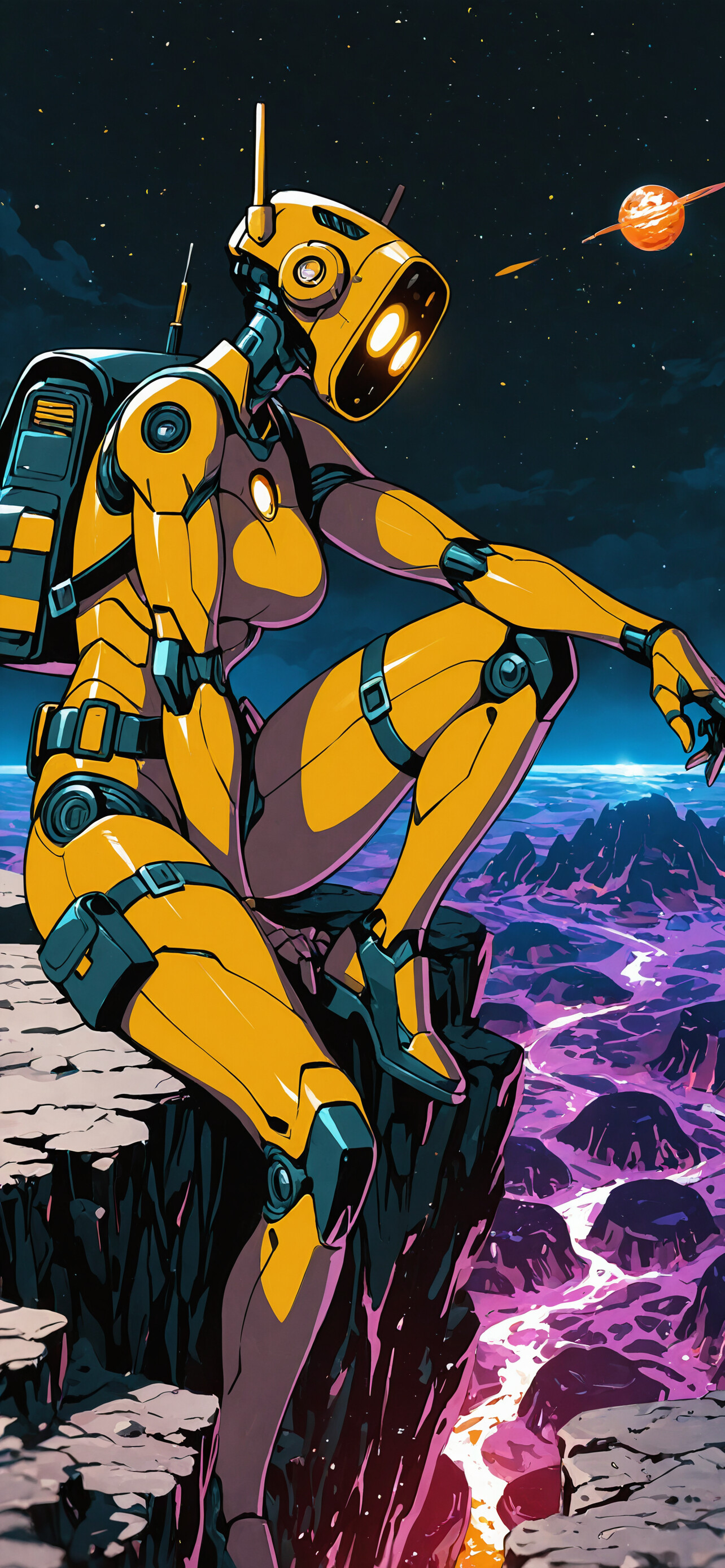 A yellow, female-presenting robot with a purple cosmic-patterned helmet sits on a rock ledge overlooking a glowing purple river in a dark, alien canyon.