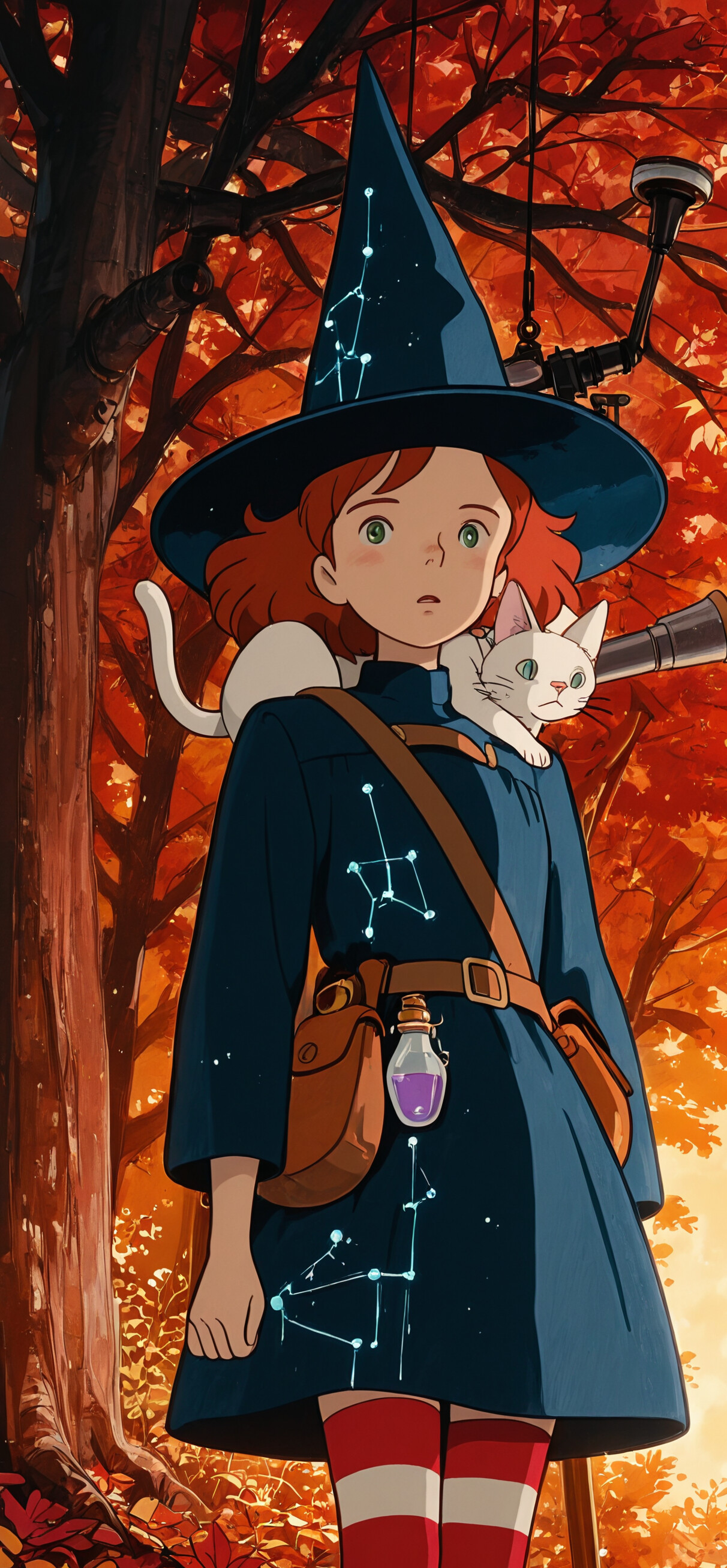 An anime-style illustration of a young witch with red hair and a blue hat standing in a study next to a large telescope, with a white cat resting on her shoulder.