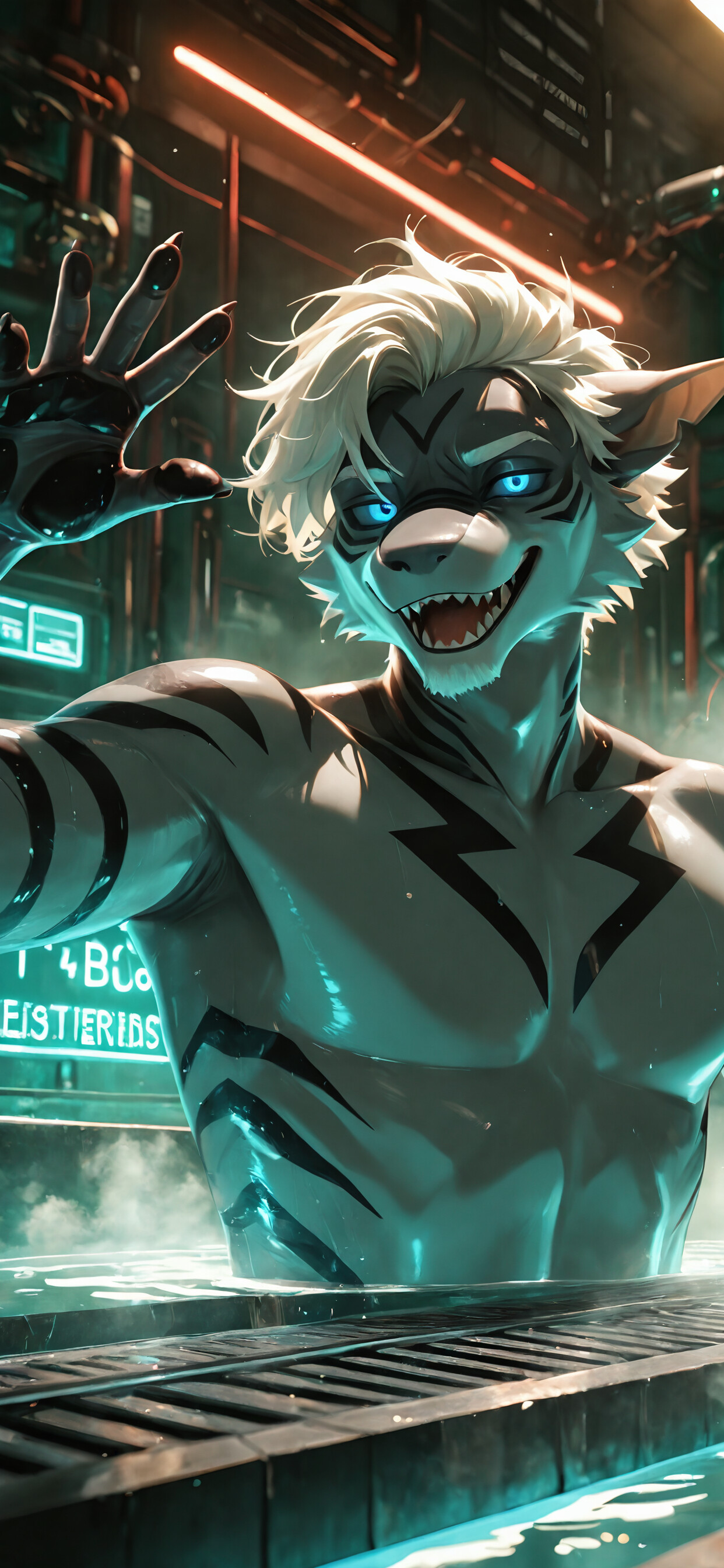 An illustration of the anthropomorphic Tiger Shark from the game 'Changed', a muscular male character with grey skin, black stripes, and white hair, smiling confidently while submerged to his chest in a pool within a futuristic sci-fi laboratory.