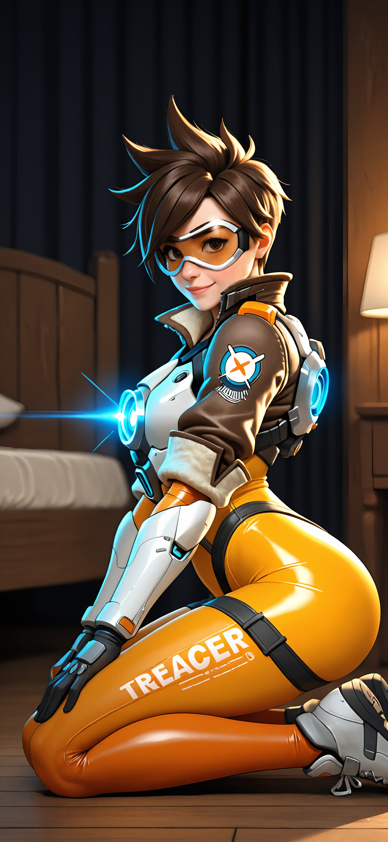 Full-body digital illustration of Tracer from Overwatch kneeling on a wooden floor in a bedroom, looking at the camera with a slight smile.