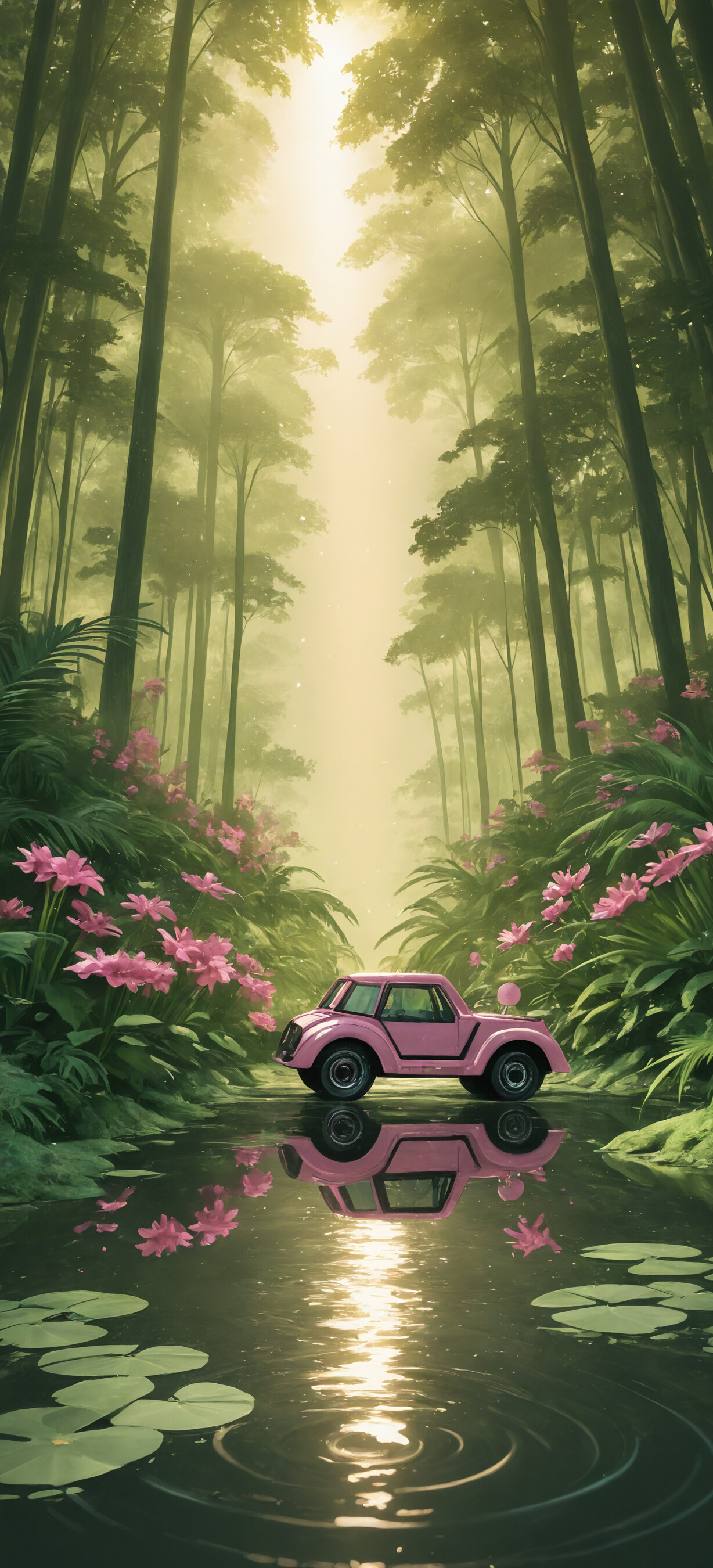 A front-facing view of a vintage pink convertible parked in the water of a lush, green jungle. A large pink flamingo stands to the left of the car, and a smaller one is on the right. A bright beam of light shines down from the sky through the tall palm trees, and the car's reflection is clearly visible in the water.