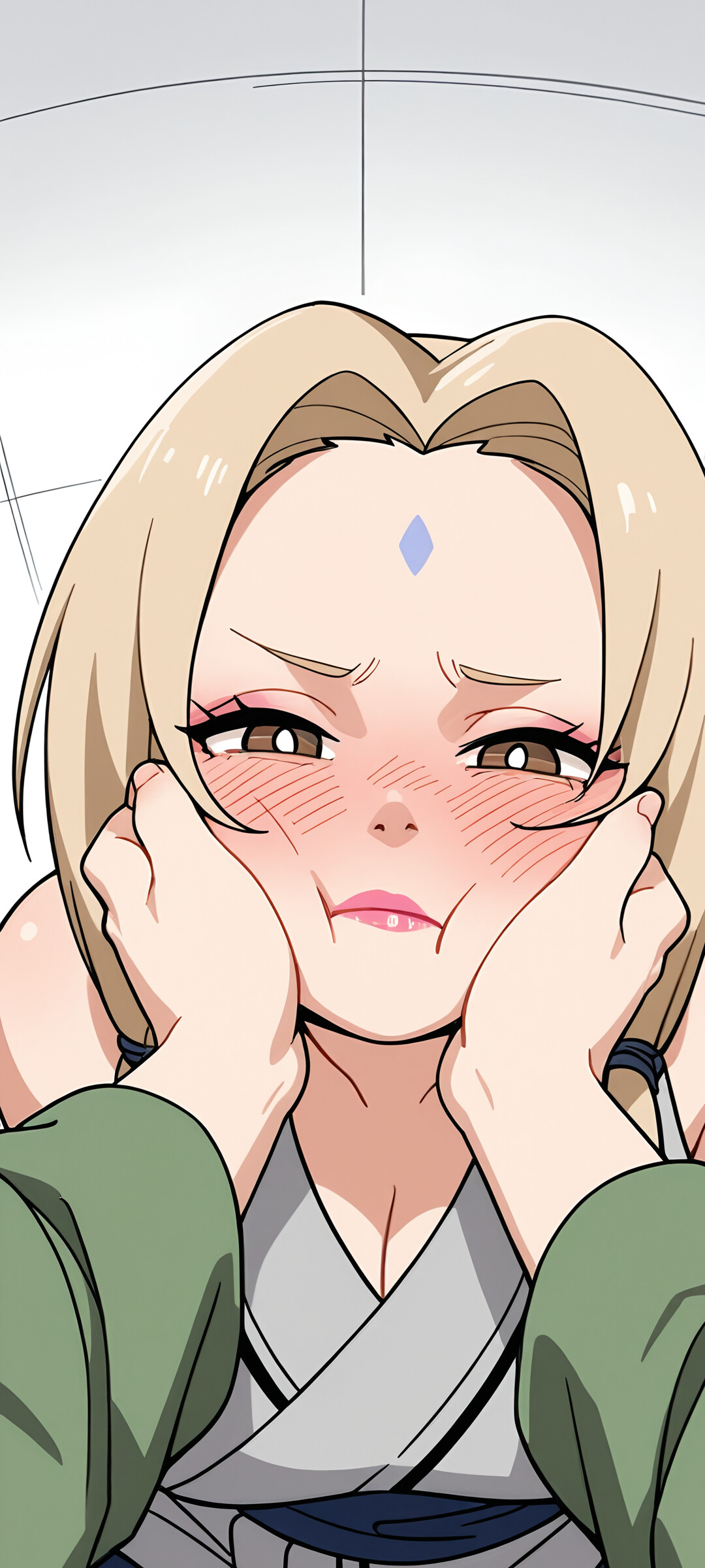An anime-style illustration of Tsunade from Naruto with her cheeks being squeezed, causing her to blush and make a pouty face from a first-person perspective.