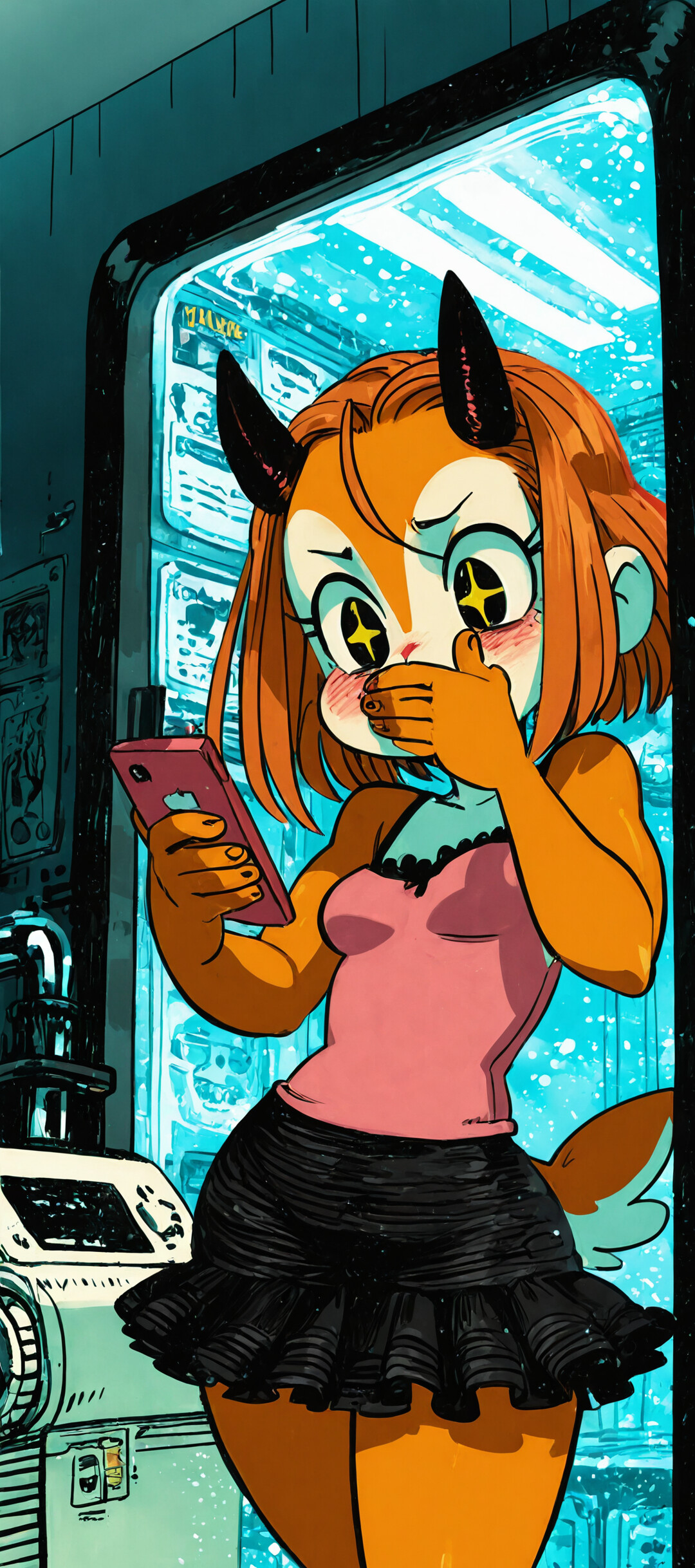 A low-angle illustration of Tsunoda from Aggretsuko, an anthropomorphic gazelle with orange fur and small horns. She is taking a selfie with a teal smartphone while wearing a pink top and black skirt in an office.