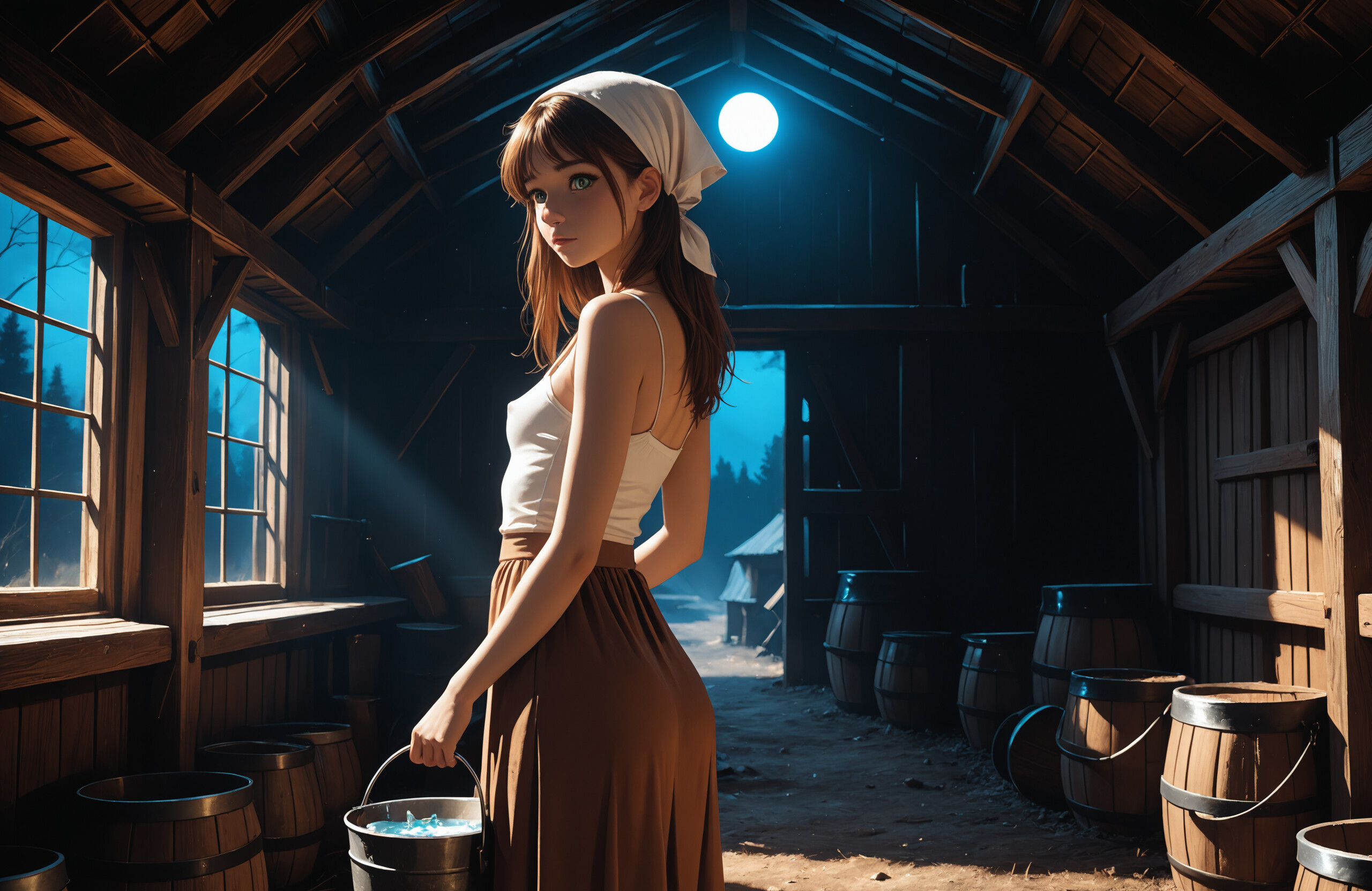 A young woman with brown hair and a white headscarf stands in a dark wooden barn, holding a bucket and looking back over her shoulder. Moonlight streams through a small window in the background.