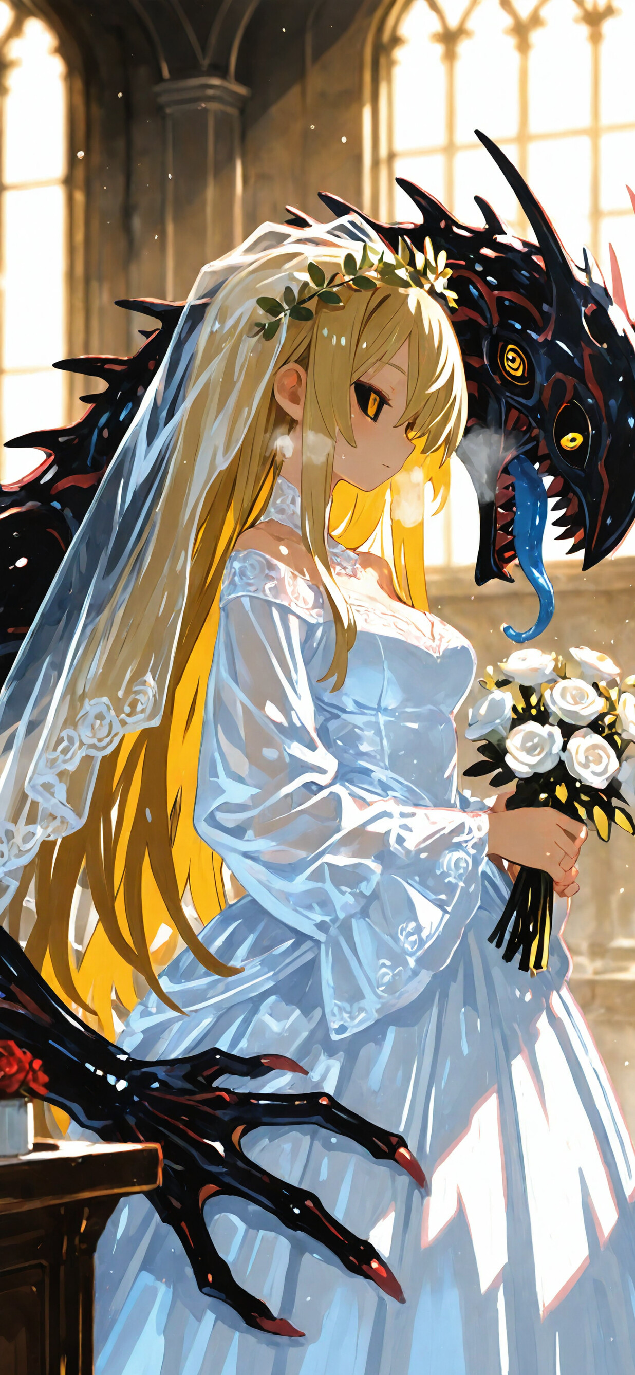 An anime-style illustration of a blonde woman in a wedding dress standing next to a large, black reptilian monster with a long blue tongue inside a cathedral.