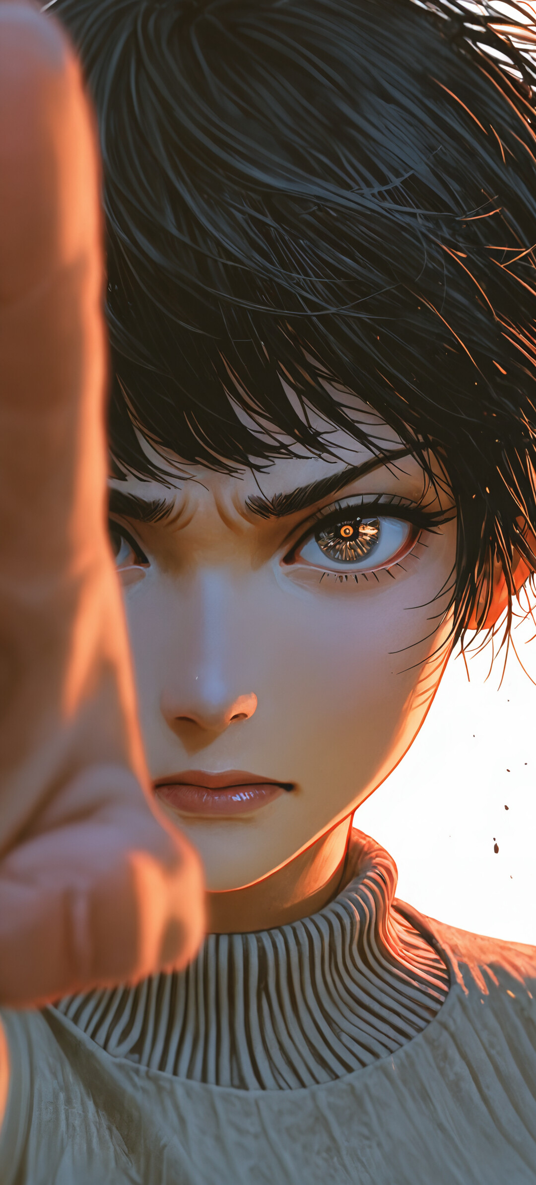 A close-up illustration of a young woman with short black hair and a fierce, determined expression, wearing a blue turtleneck and punching towards the camera.