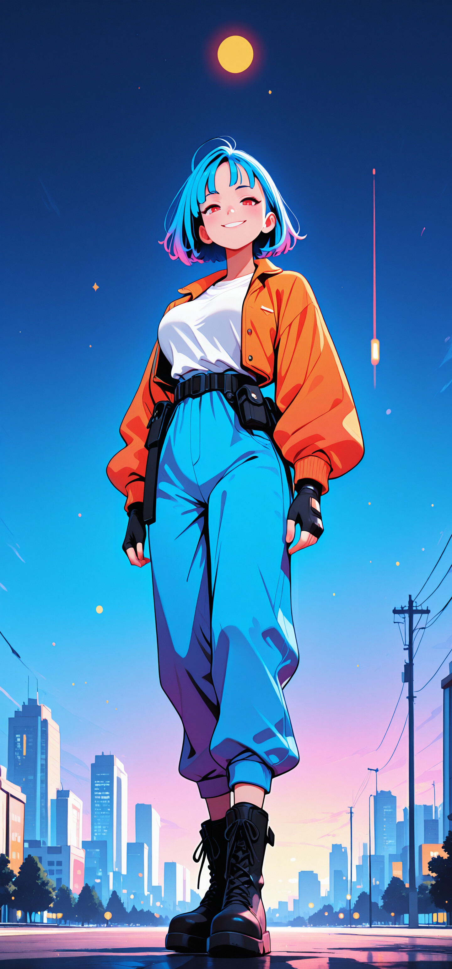 Full-body illustration of a young anime woman with short blue and pink hair and red eyes, walking confidently down a city street. She is wearing an orange jacket, white shirt, blue cargo pants, and black boots.