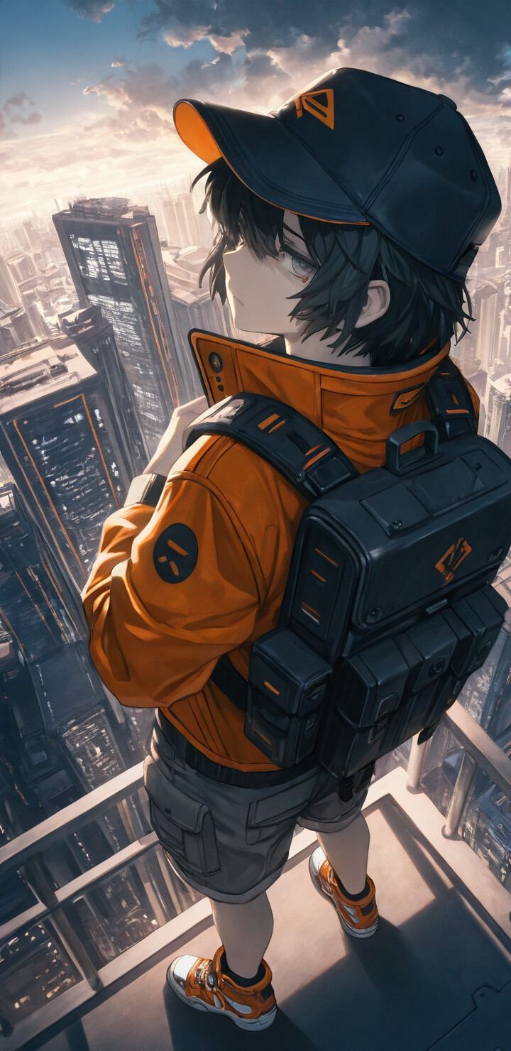 An anime-style illustration of a young man in an orange jacket, black cap, and a tactical backpack, standing on a skyscraper and looking back over his shoulder at a futuristic city below.