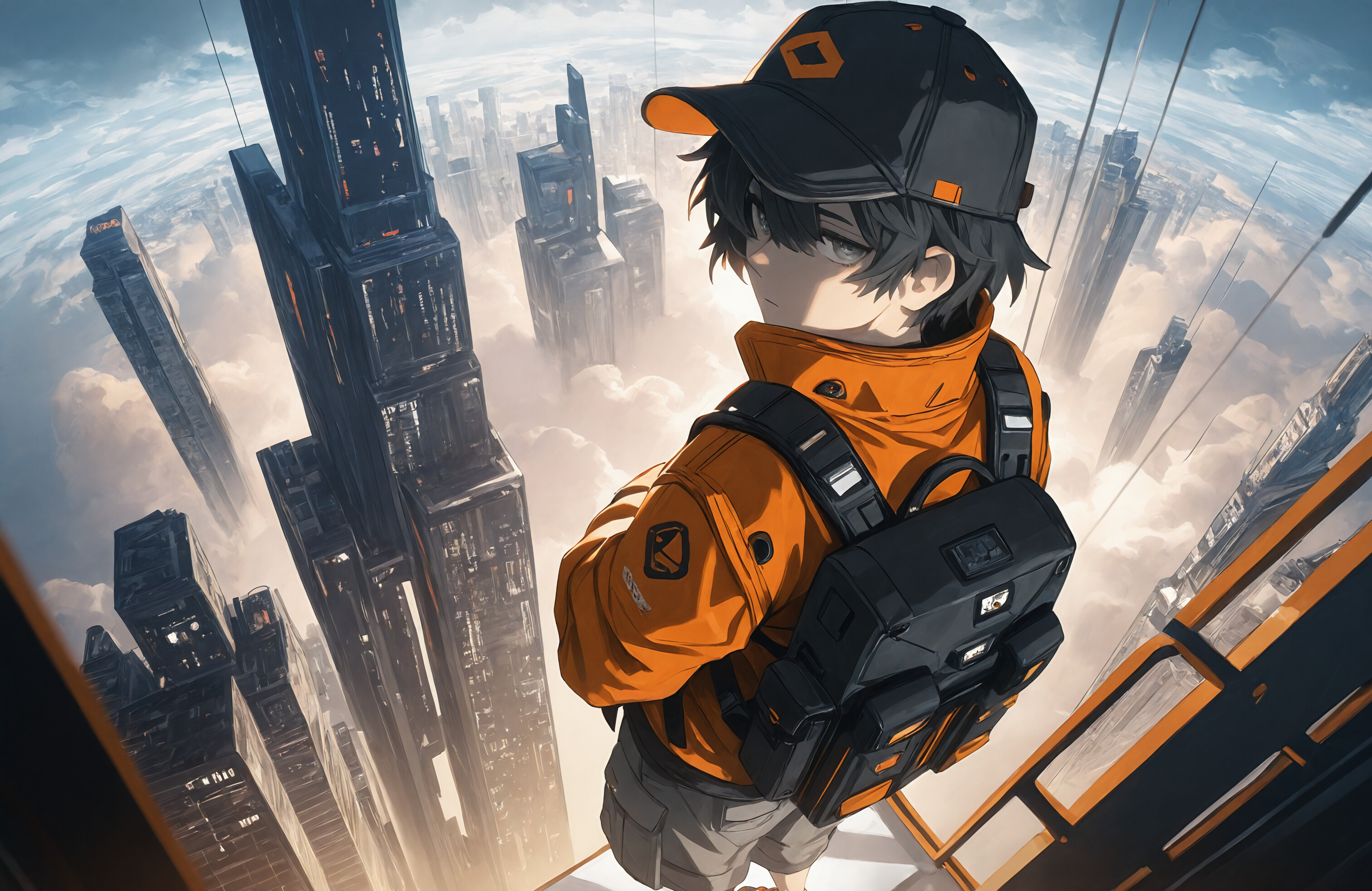 An anime-style illustration of a young man in an orange jacket, black cap, and a tactical backpack, standing on a skyscraper and looking back over his shoulder at a futuristic city below.