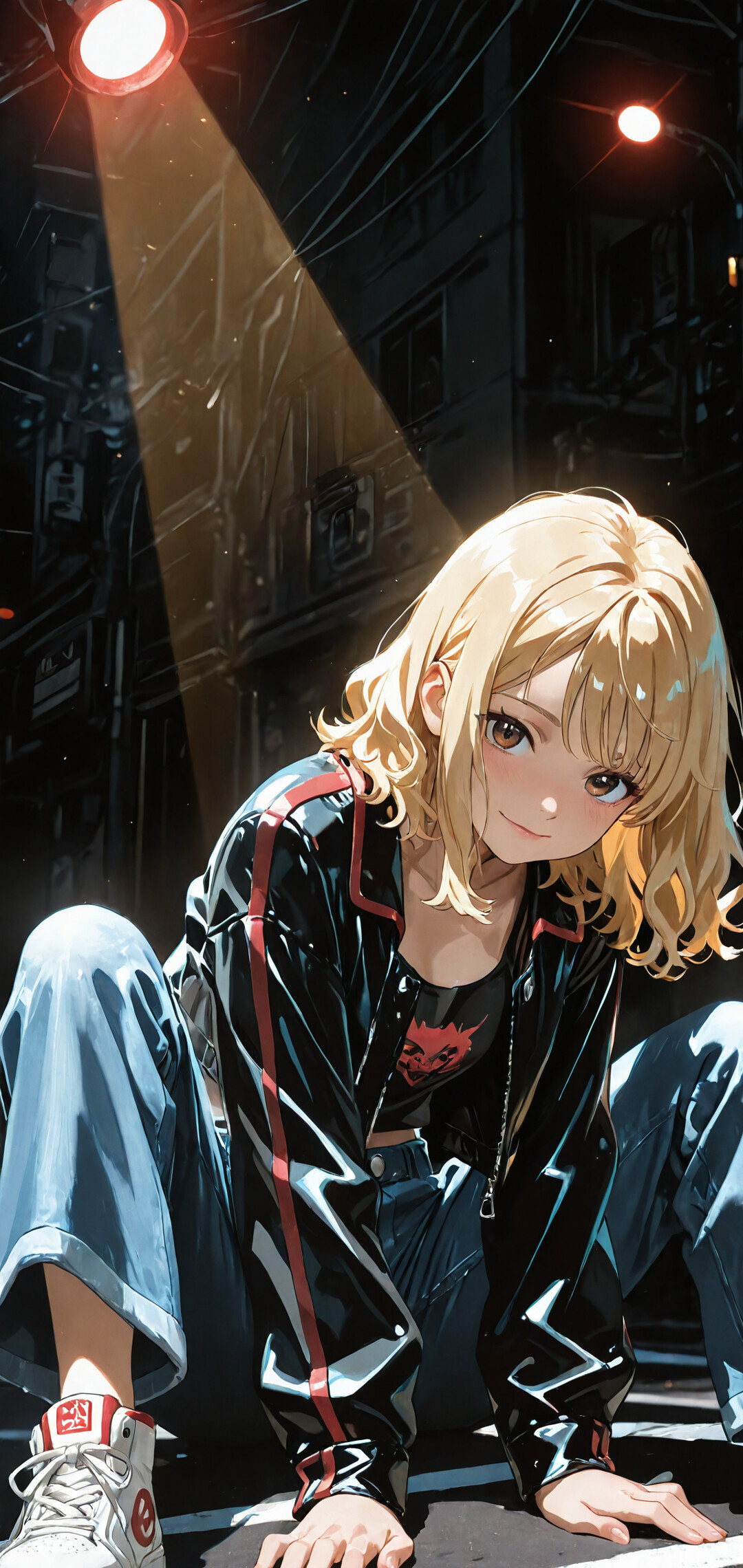 A stylish anime girl with blonde hair and a black leather jacket sitting in the middle of a street at night, smiling gently at the viewer.
