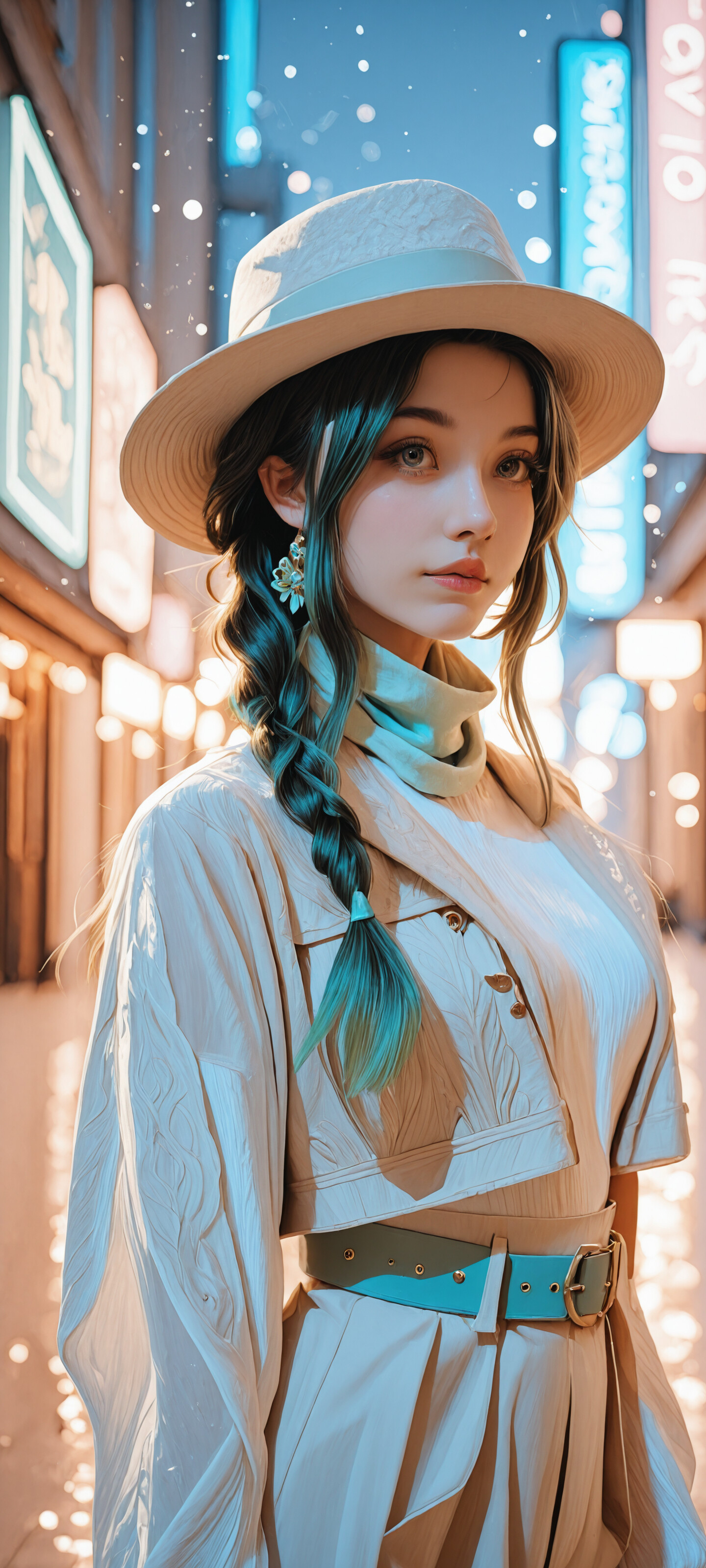 A young woman with large green eyes and dark hair with green streaks, wearing a wide-brimmed hat, a stylish beige layered outfit, and a green gemstone necklace, standing on a blurred city street with warm lights.