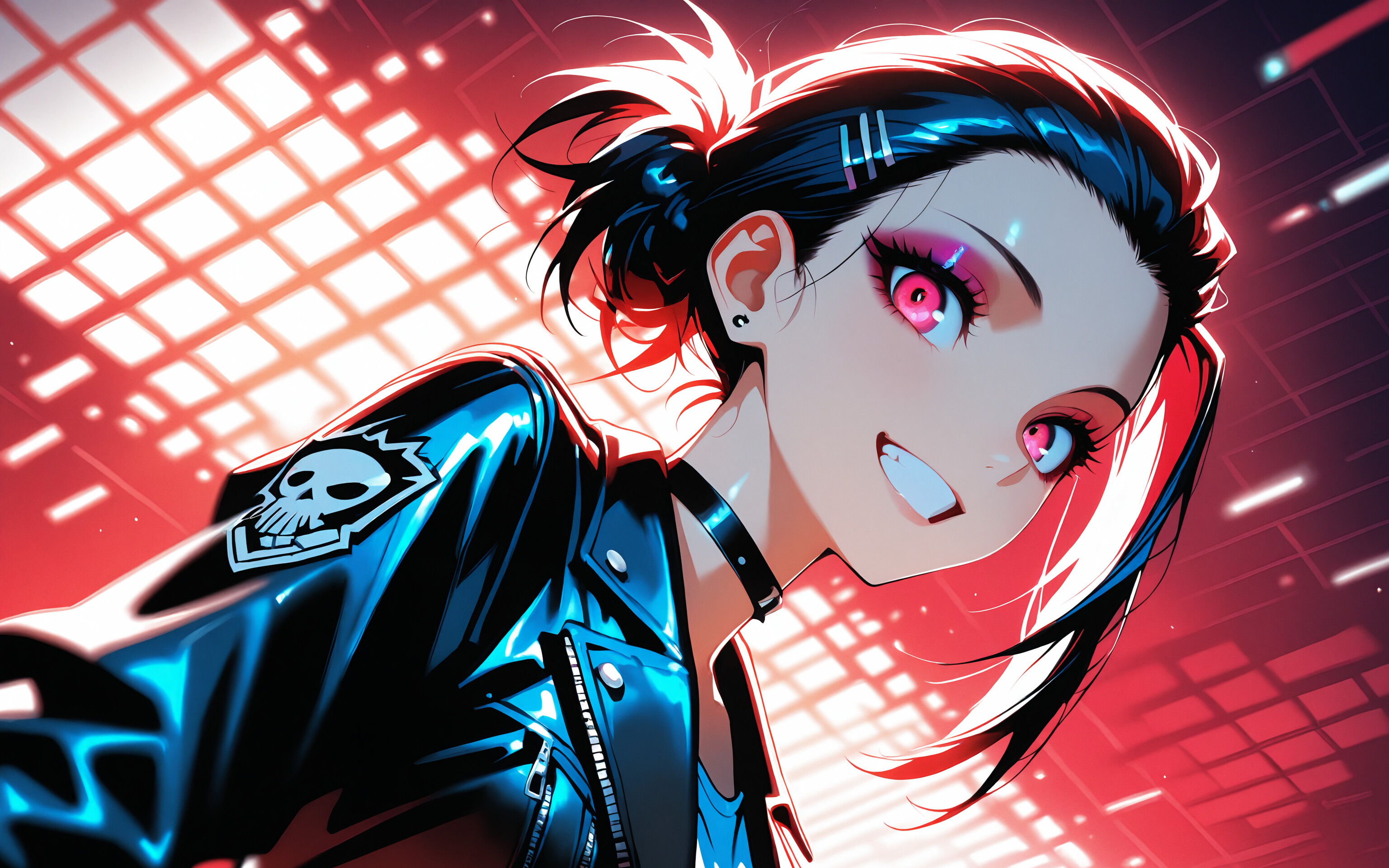 A stylish anime girl with black and red hair in a bun, wearing a black leather jacket and a choker, grins confidently in a neon-lit city at night.