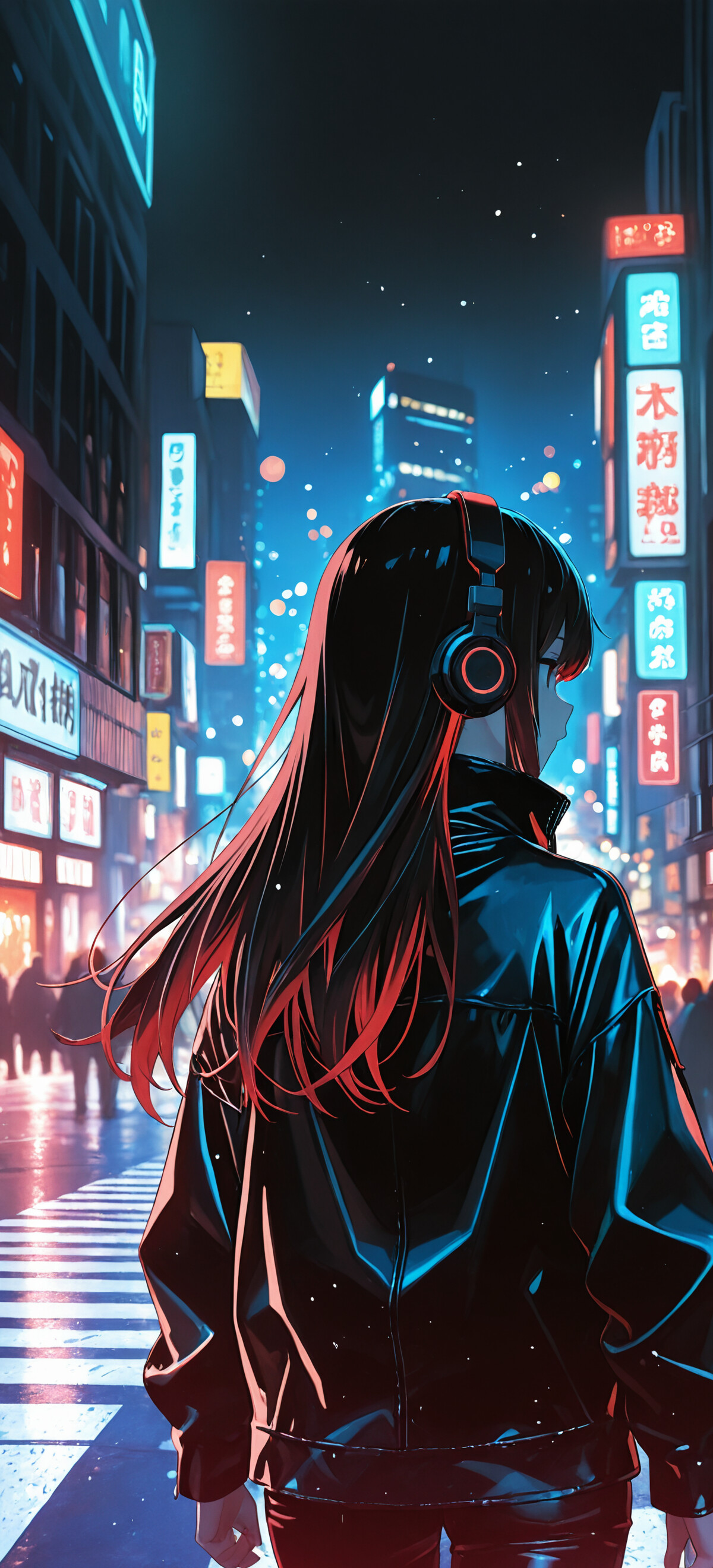 An anime girl with long black and red hair stands from behind on a neon-lit Tokyo street at night, wearing a black leather jacket and headphones.