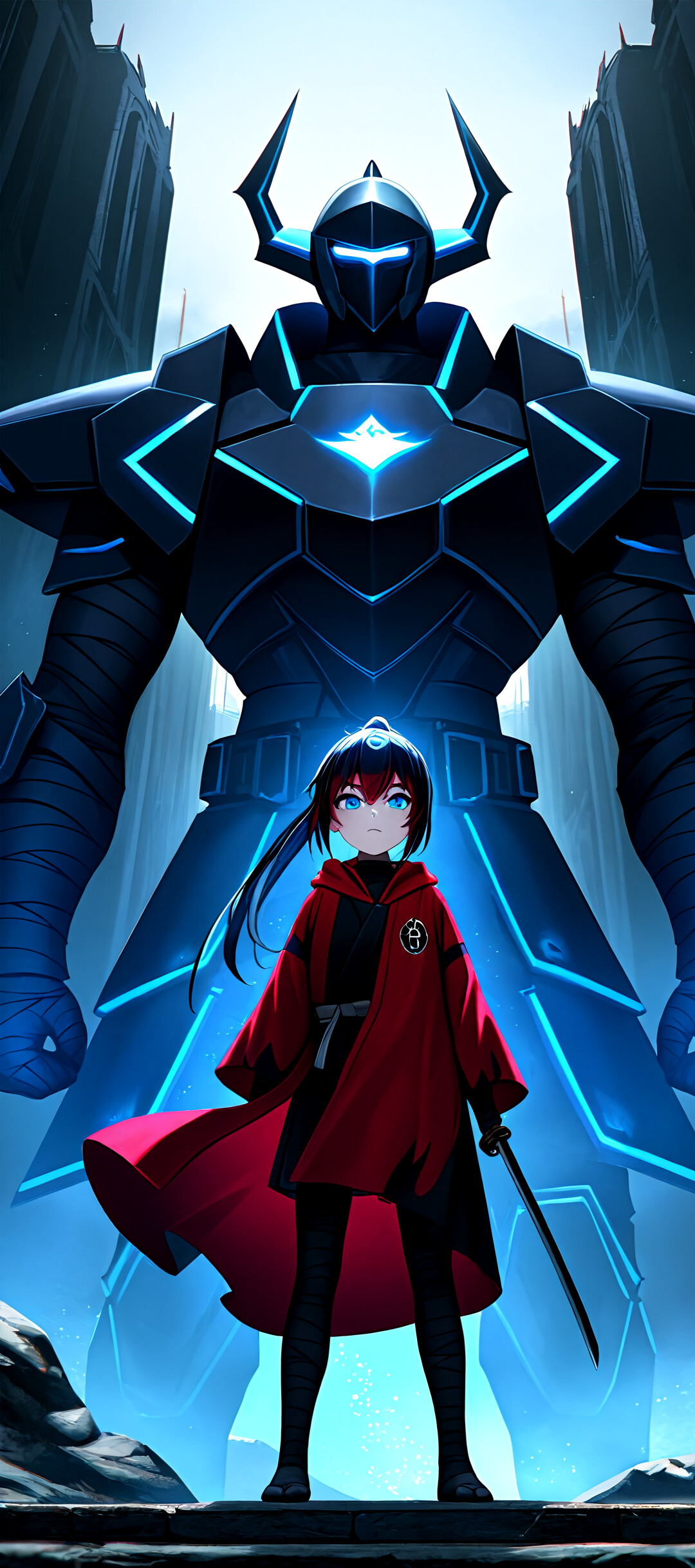 An anime woman with short black hair with red tips and bright blue eyes, wearing a black and red samurai robe and holding a katana, stands in a city alley looking up with a determined expression.