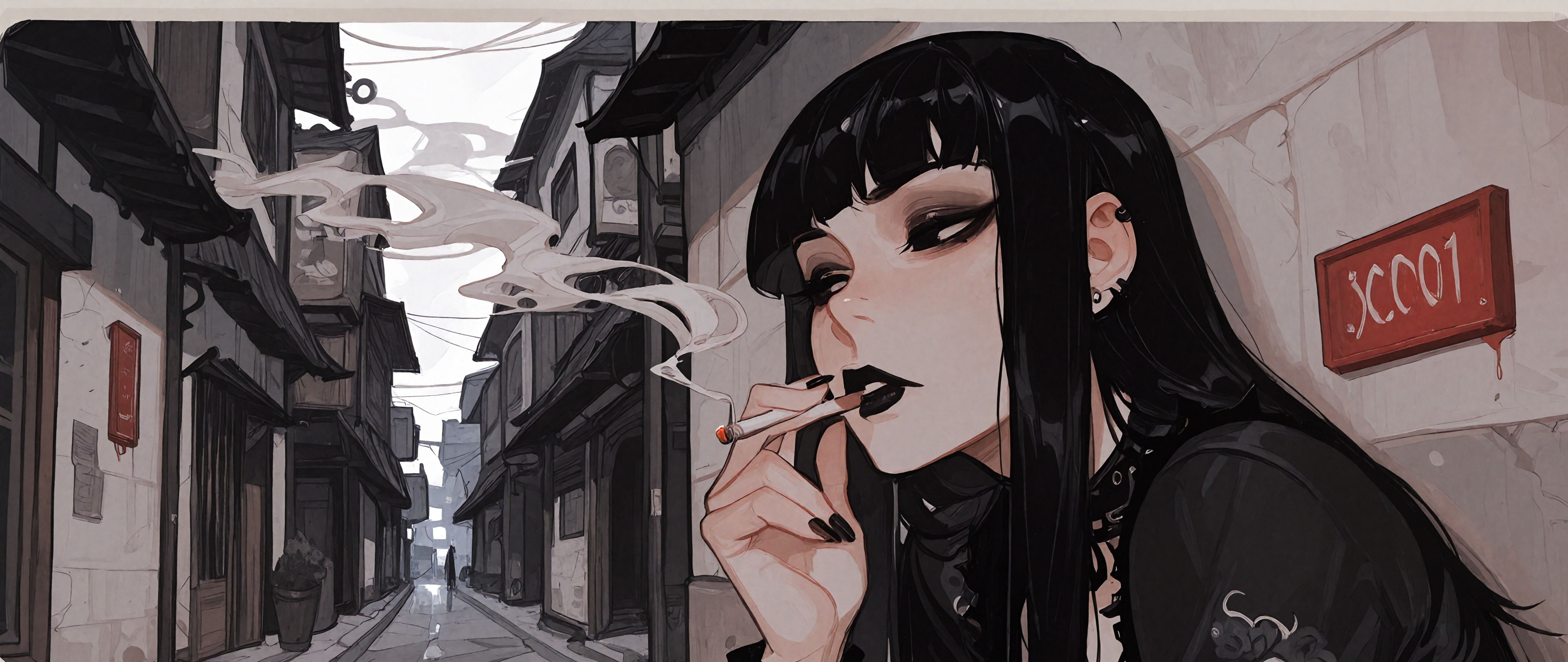 A digital illustration of a goth girl with long black hair and dark makeup smoking a cigarette in a grayscale city alley.