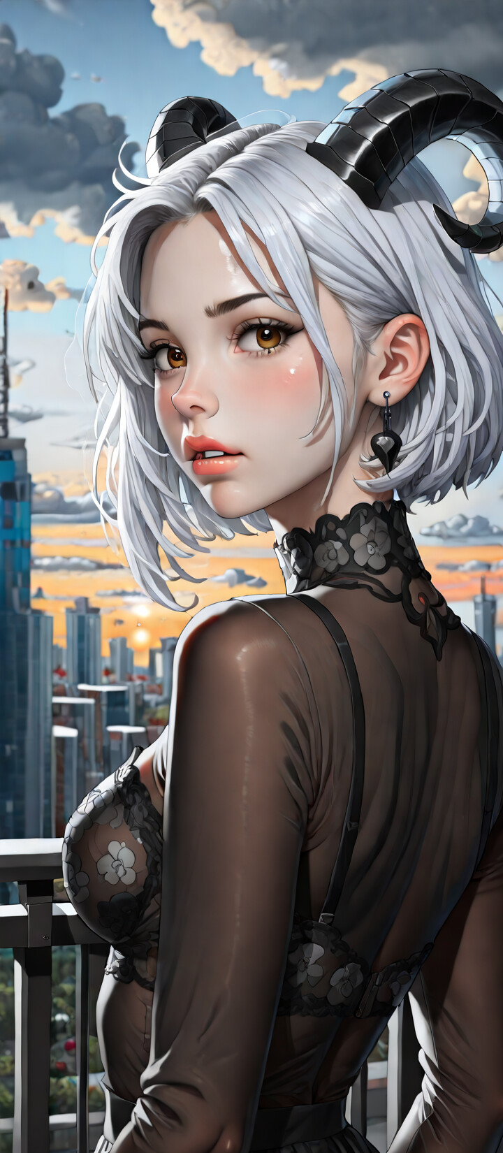 A digital portrait of a young woman with short white hair and large black ram horns, looking over her shoulder at the viewer. She is wearing an intricate black lace and leather outfit and stands on a balcony against a cityscape at sunset.