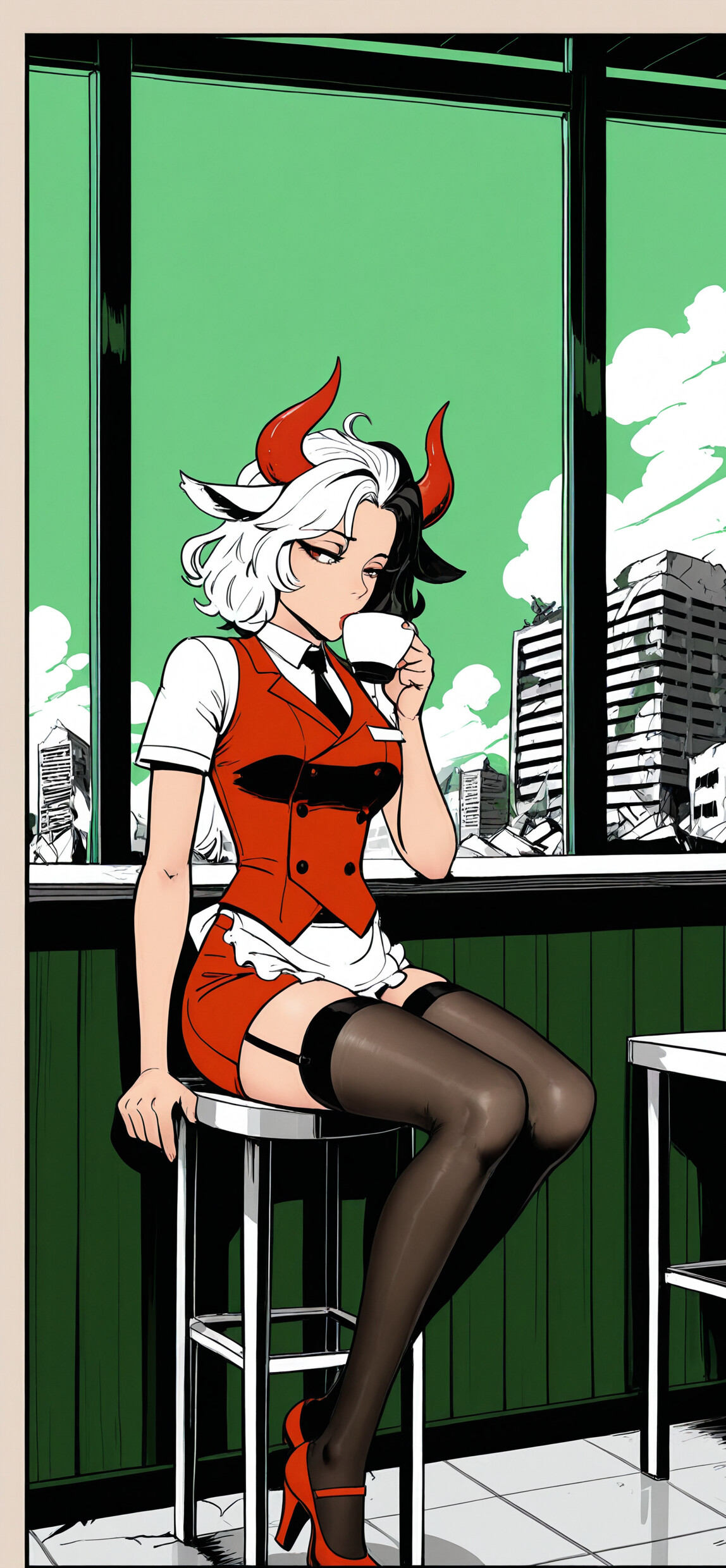 An illustration of the VTuber Ushizaki Urumi, a girl with split black-and-white hair and red horns, sitting in a cafe. She wears an orange waitress uniform and black stockings while drinking coffee, looking out a window at a ruined city under a green sky.