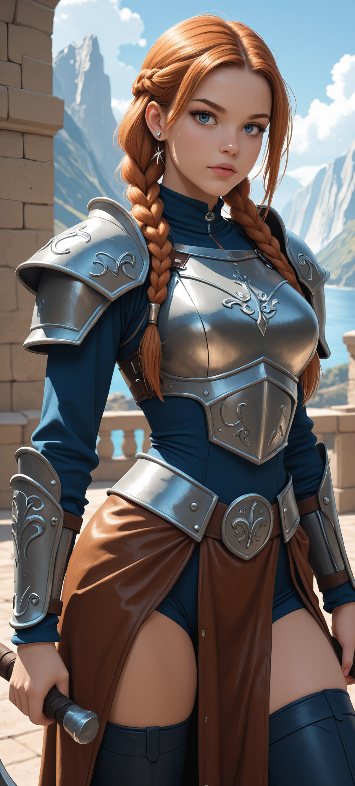 A beautiful young woman with long red braids and blue eyes wearing fantasy-style steel armor and holding a large battle axe, standing on a balcony overlooking mountains and a lake.