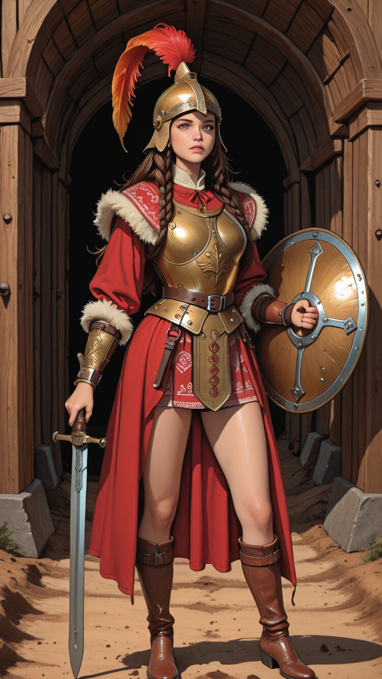 A full-body portrait of a female warrior in golden Roman-style armor and a red cape, holding a sword and shield as she stands in front of a large wooden and stone arched gateway.