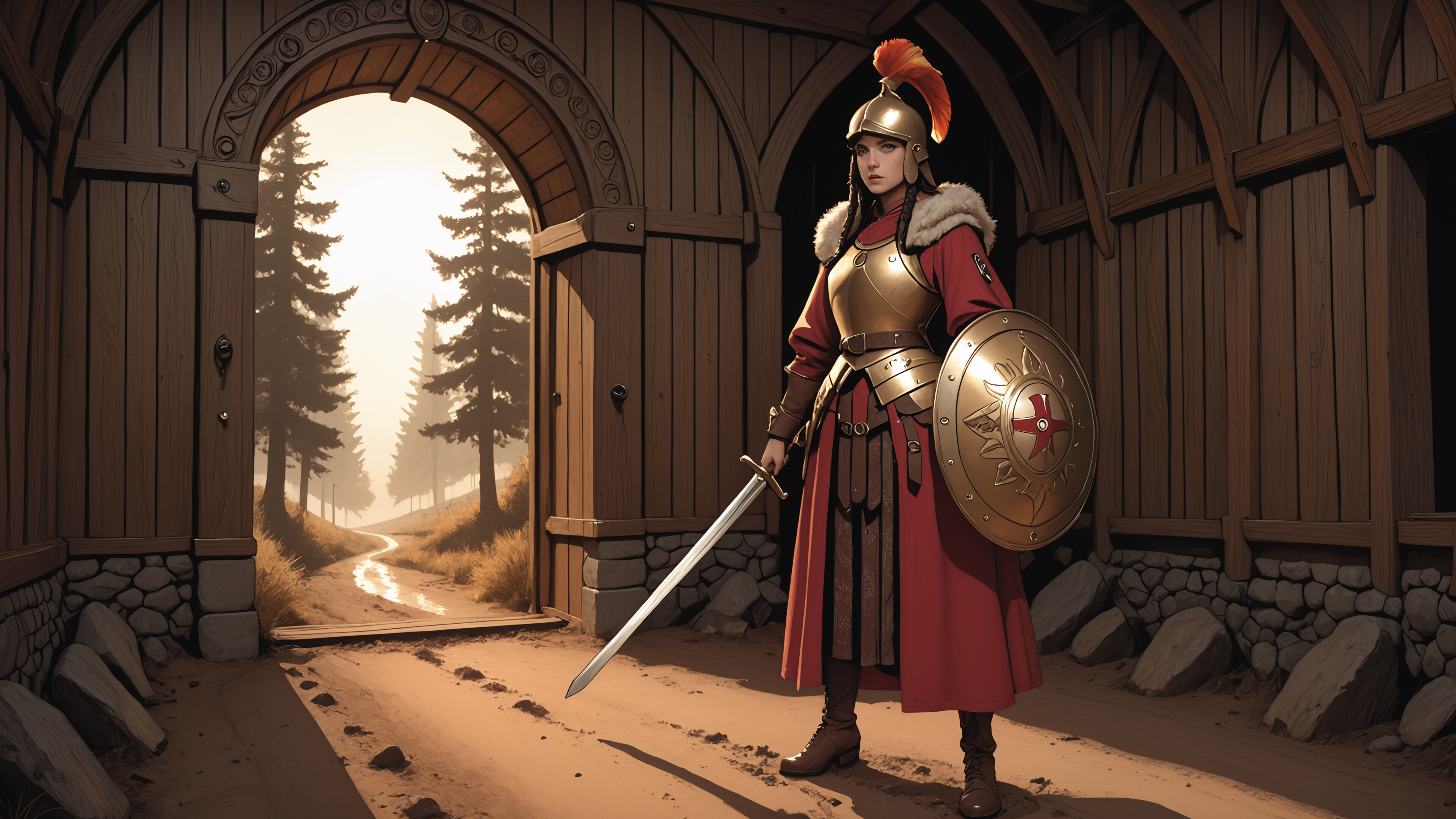 A full-body portrait of a female warrior in golden Roman-style armor and a red cape, holding a sword and shield as she stands in front of a large wooden and stone arched gateway.