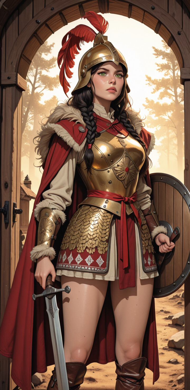 A full-body illustration of a female warrior with dark braided hair and green eyes. She wears a golden helmet with a red plume, ornate golden armor, a red coat with fur trim, and holds a large sword and a round shield while standing in a stone and wood gateway.