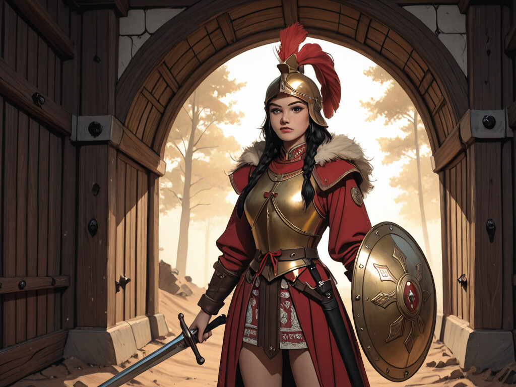 A full-body illustration of a female warrior with dark braided hair and green eyes. She wears a golden helmet with a red plume, ornate golden armor, a red coat with fur trim, and holds a large sword and a round shield while standing in a stone and wood gateway.