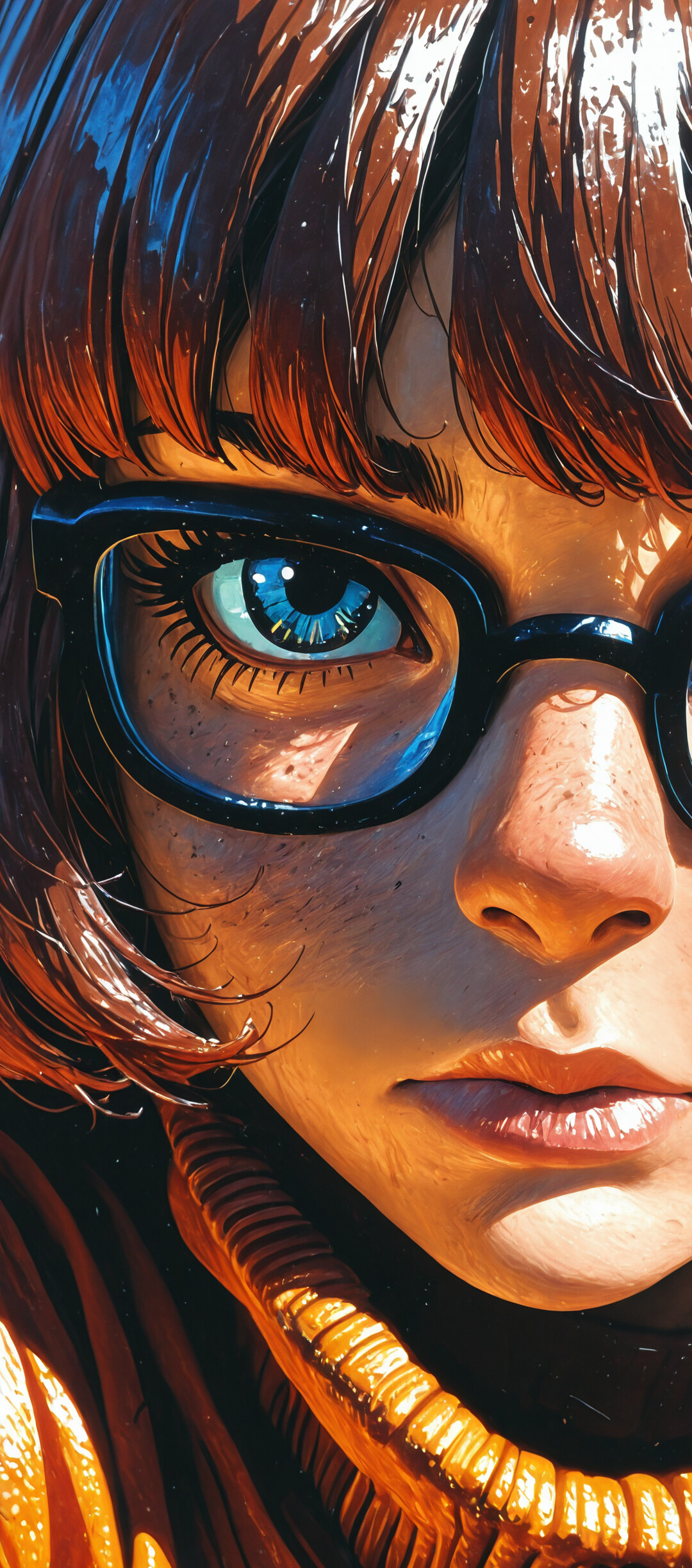 A close-up artistic illustration of Velma Dinkley from Scooby-Doo, looking directly at the viewer over her shoulder. She wears her iconic thick black glasses and an orange turtleneck, with a serious expression against a dark, rainy background.