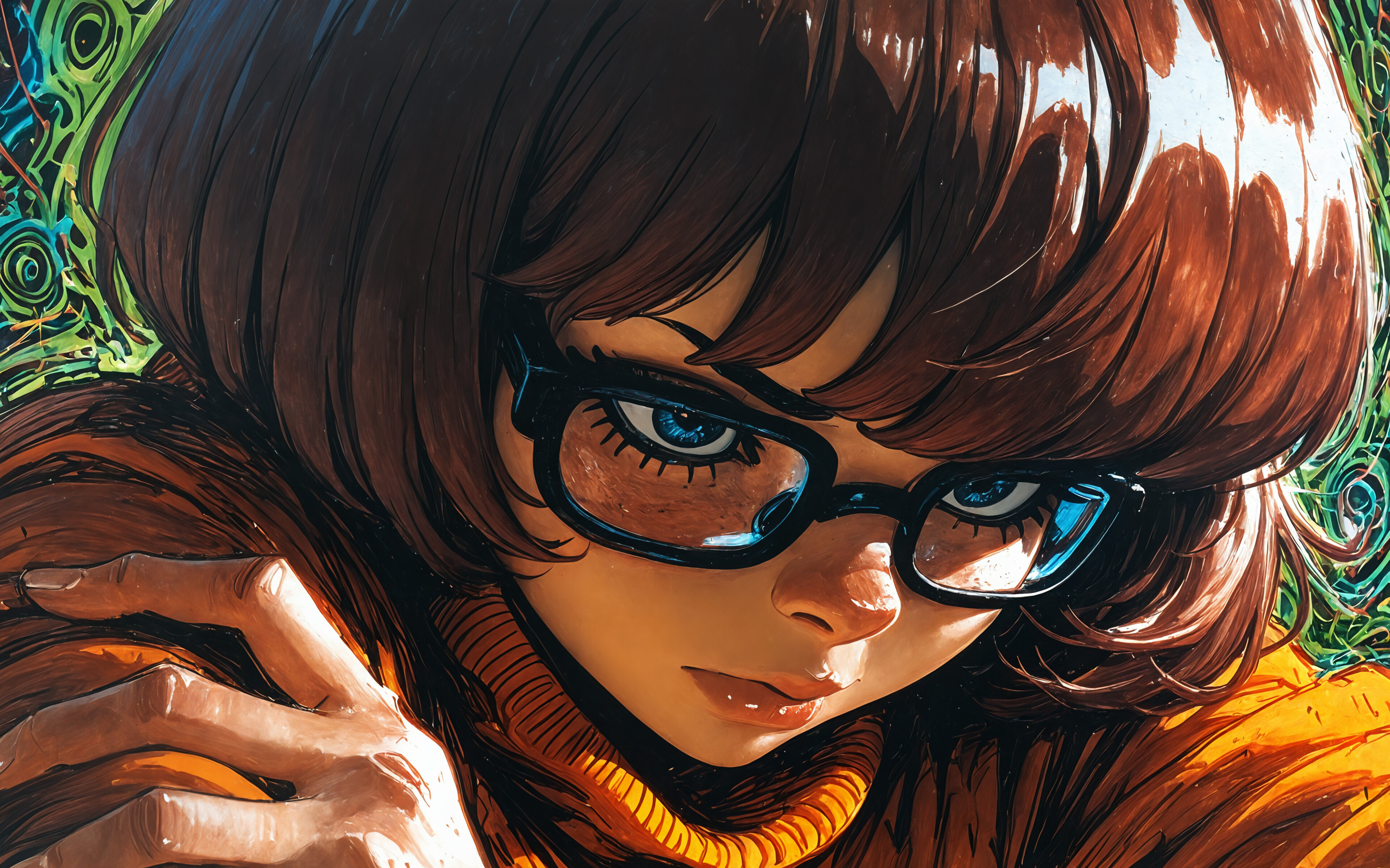 A close-up artistic illustration of Velma Dinkley from Scooby-Doo, looking directly at the viewer over her shoulder. She wears her iconic thick black glasses and an orange turtleneck, with a serious expression against a dark, rainy background.